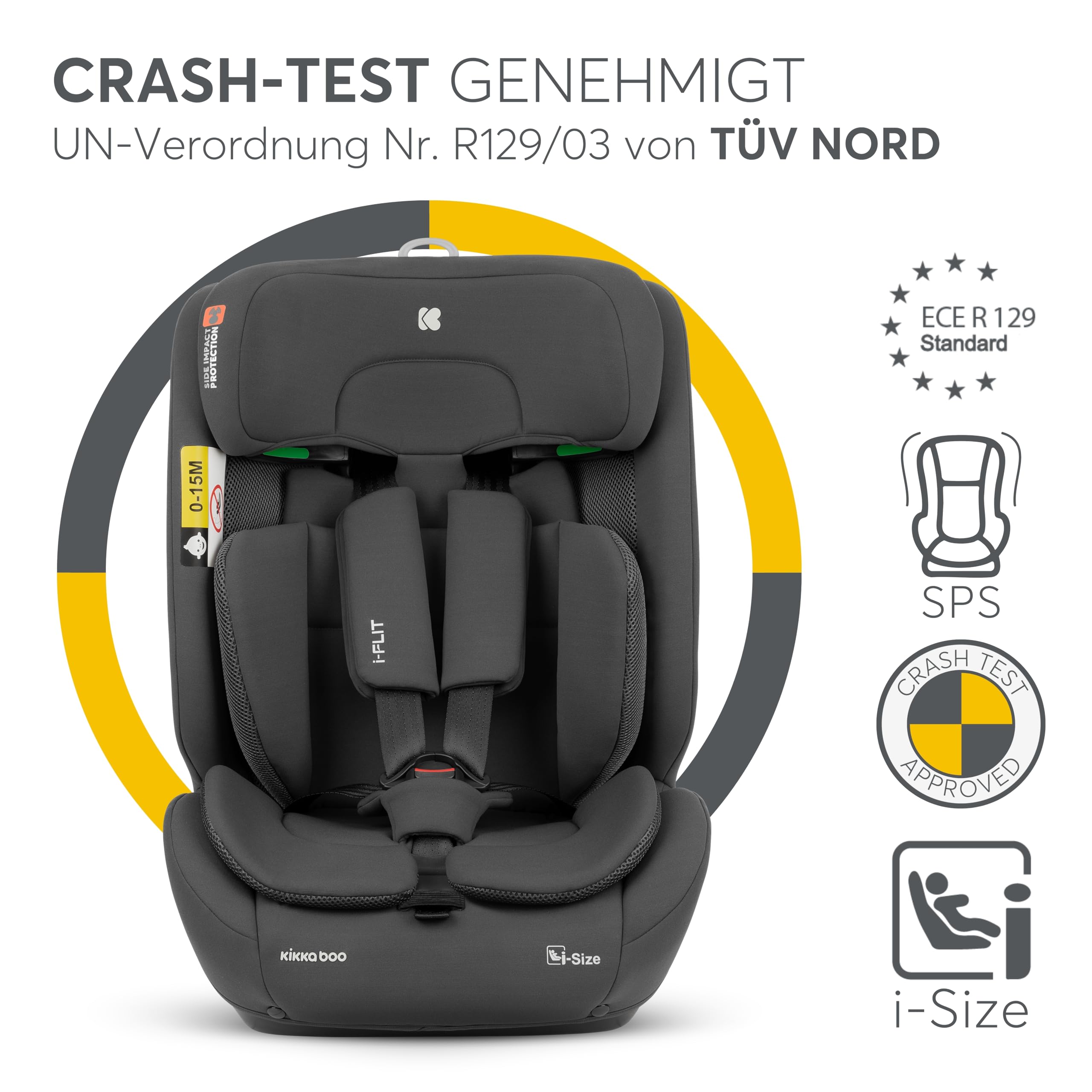 KikkaBoo i-Size i-­FLIT, Kindersitz 9-36 kg ISOFIX, Autokindersitz 76-150 cm, Gruppe 1/2/3, 15 Monate bis 12 Jahre, SPS Seitenschutz, Top Tether, Verstellbare Kopfstütze, Dunkelgrau
