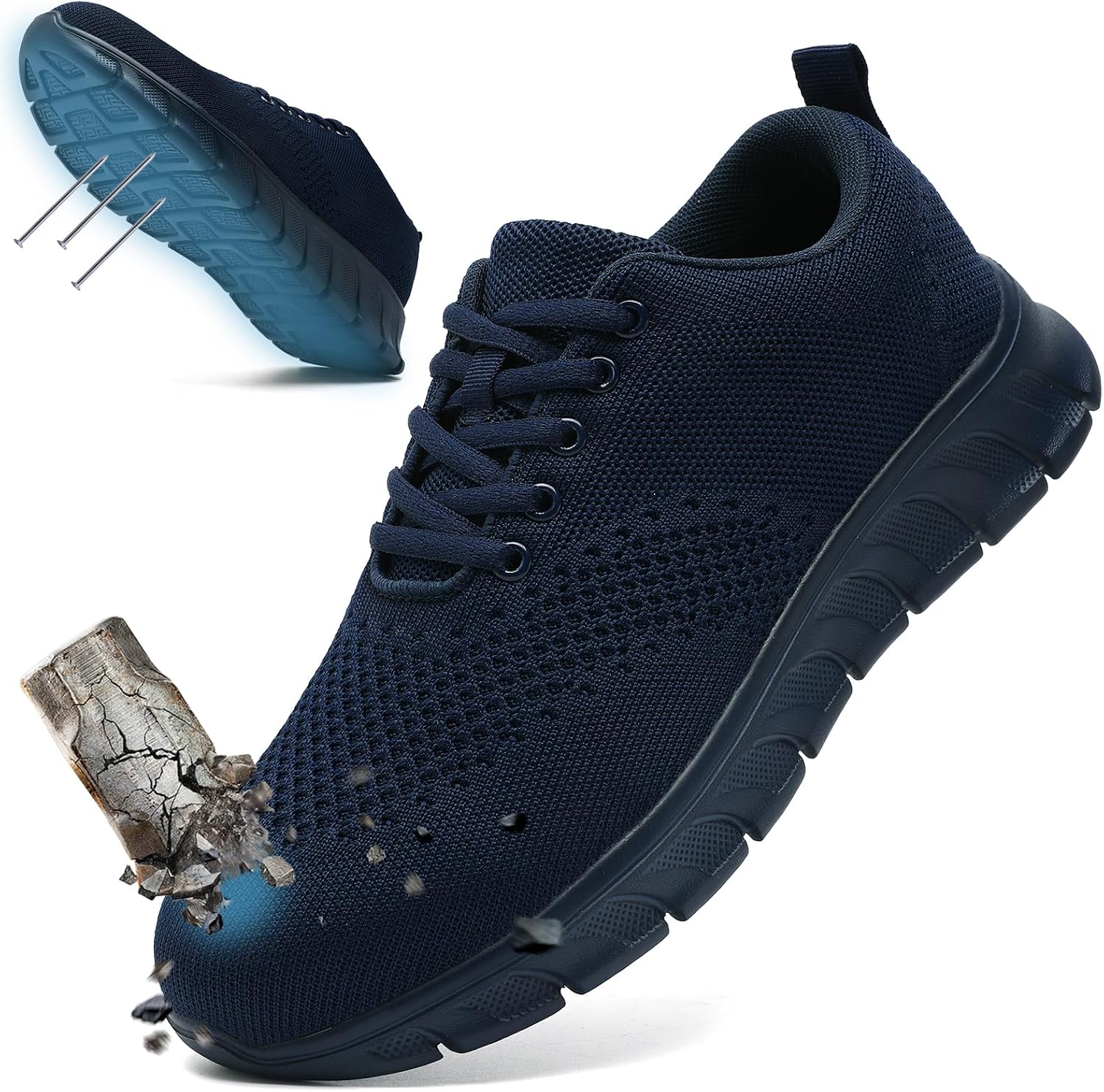 Men's Steel Toe Work Shoes, Indestructible Puncture Proof Safety Sneakers, Lightweight Breathable Slip Resistant Anti Fatigue Industrial Shoes for Construction Warehouse Mechanic Daily Work