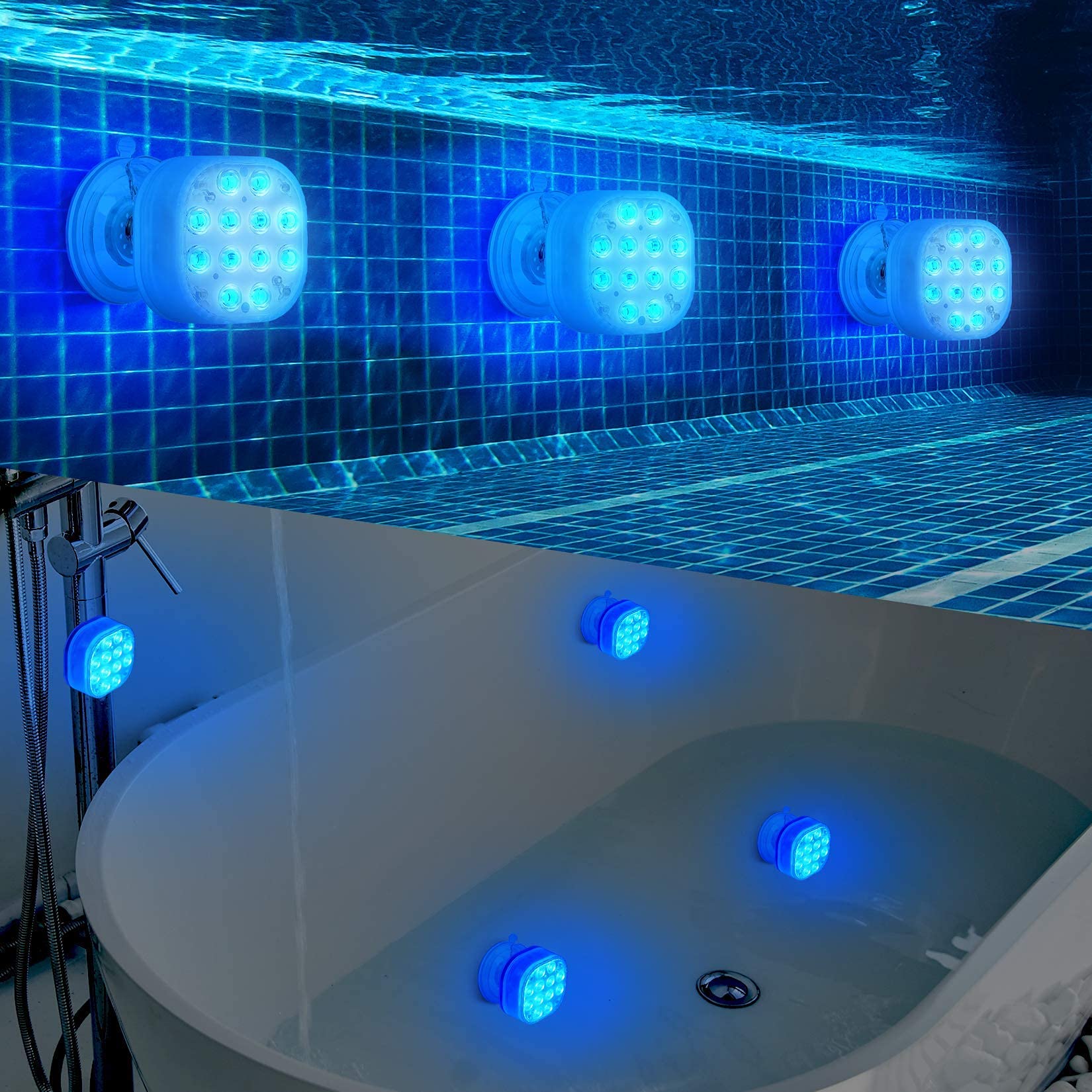 VIDOME Rechargeable Submersible LED Lights, Pool Lights for Inground Pool, Magnetic Pool Lights with Super Large Suction Cup, Underwater Light Full Waterproof LED Lights for Pool Pond Bathtub 4 Sets