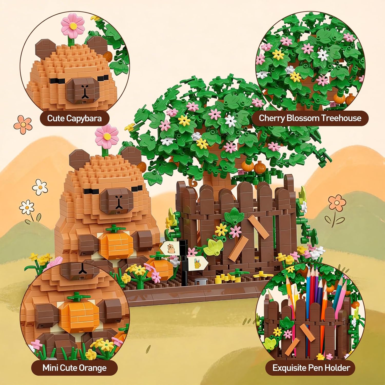 HIGH GODO Capybara Pen Holder Building Set with Flowers, 2 in 1 Cute Capybara Organizer Decor Pen Holder, Arts&Crafts for Home Decor, Easter Birthday Gift for Capybara Lovers, Adult Teens 14+(1400PCS)