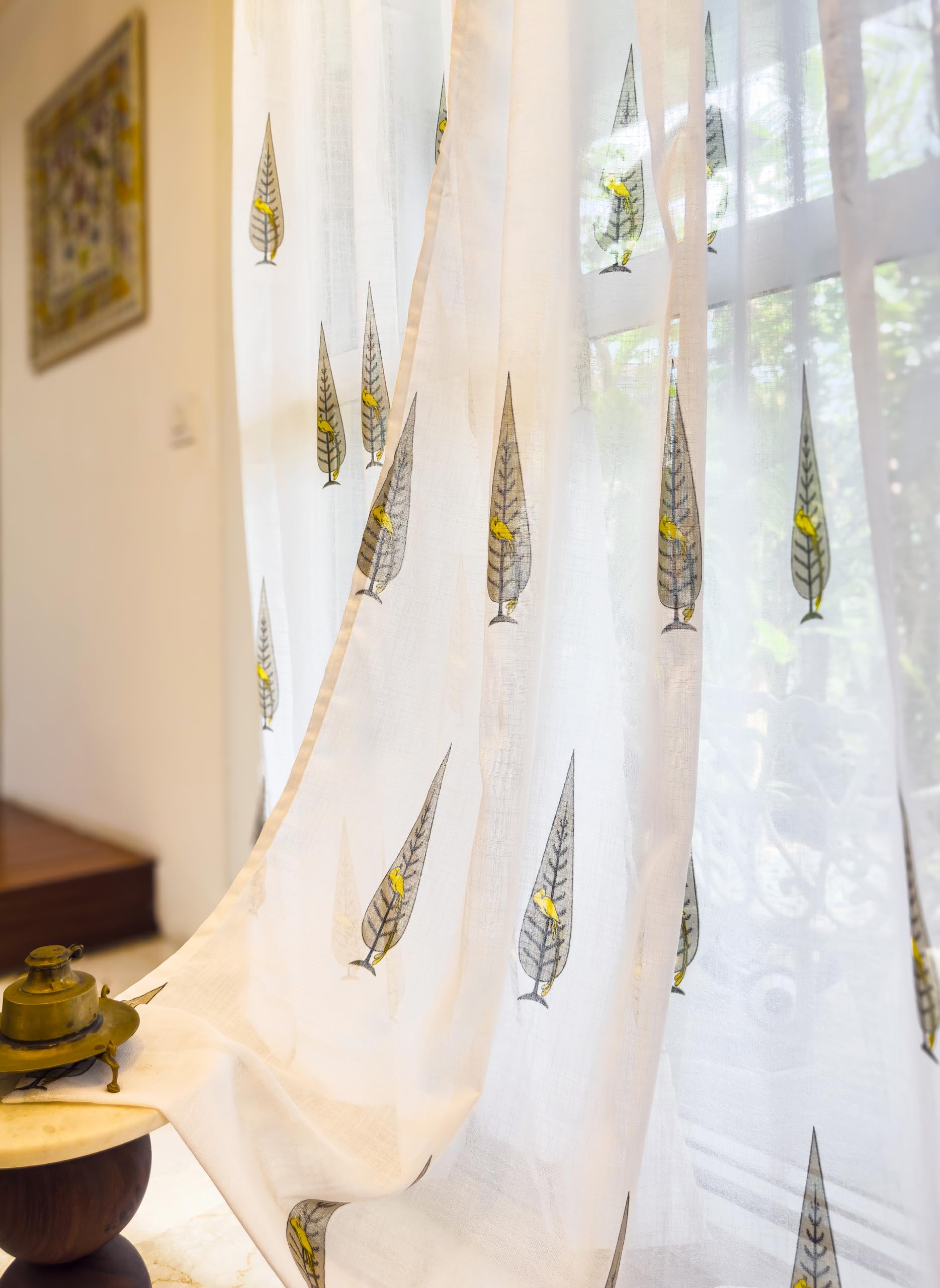 Tranquebar Curtain Co. Sheer Curtains for Window, 30-35% Light Filtering, Ethnic Bird Print (Tori Sheer: Yellow) -5 Feet, Set of 2 (Length 152 cm) - with Back Tab (B0CZP4M3MW) Amazon Price History, Amazon Price Tracker