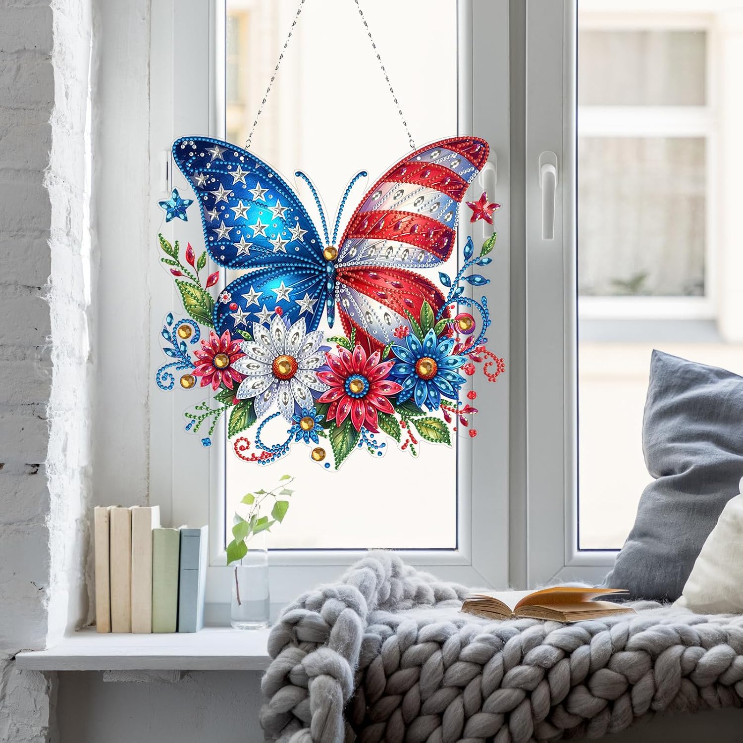 Independence Day DIY Acrylic Diamond Art Painting Wreath Kits Special Shaped Rhinestone Diamond Art Window Pendants Home Garden Wall Hanging Kits Double-Sided Pattern (Single Side Point Drill)