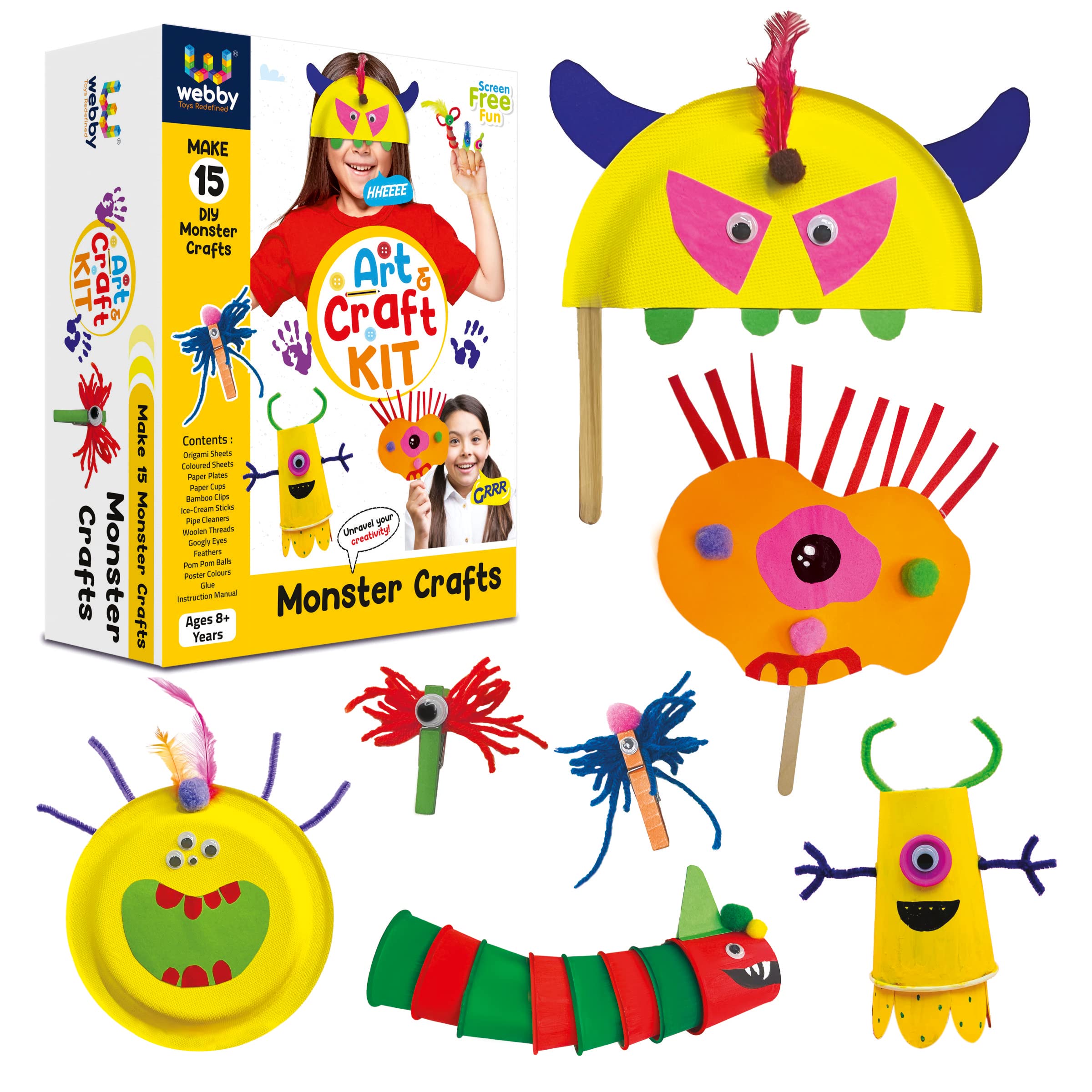 WebbyDIY Monster Puppet Art and Craft Activity Kit | Hobby Kit | Decoration | School Projects | Craft Supply | Make 15 Monster Craft | Return Gift for Kids
