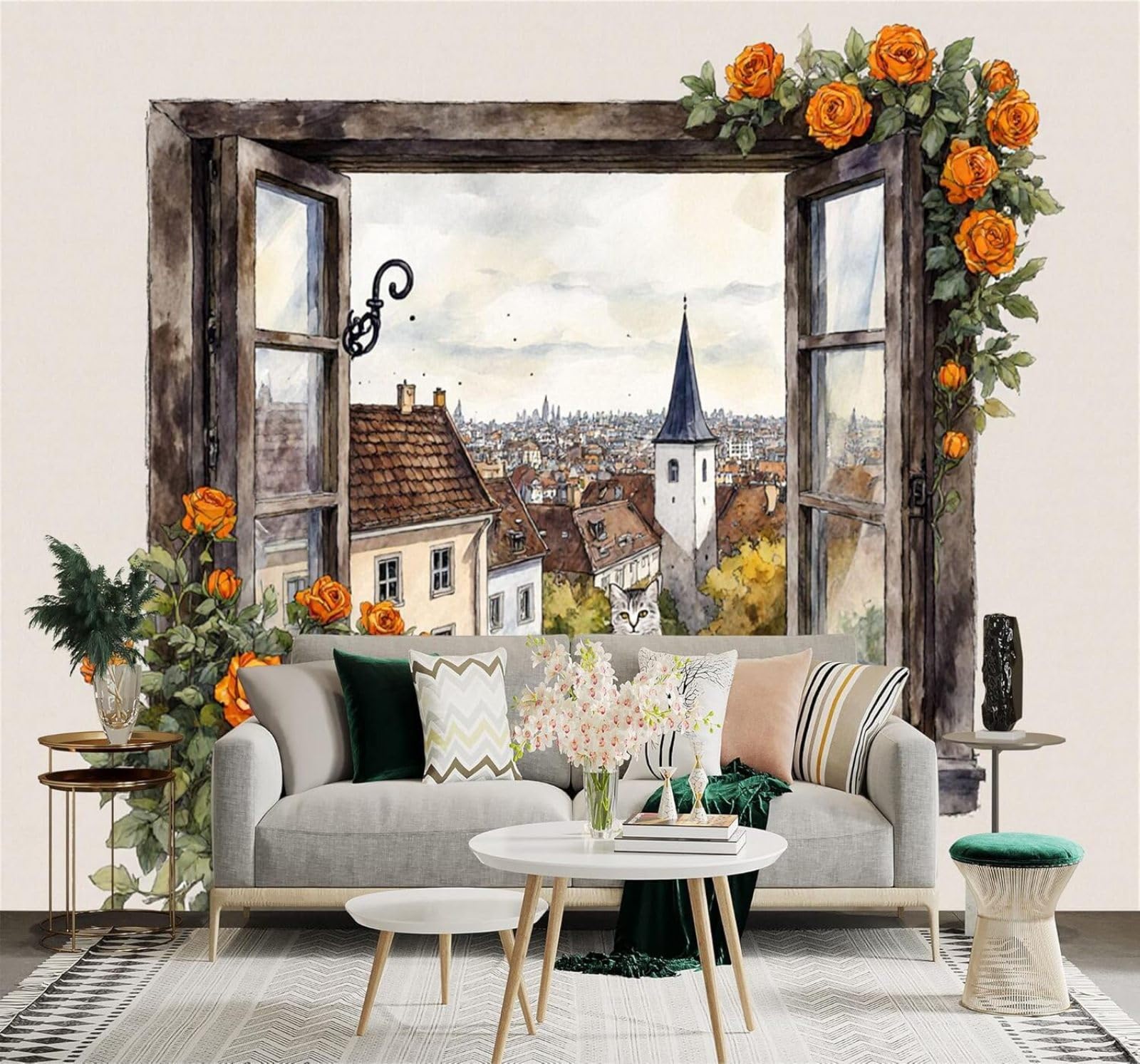 Xlming 250Cm×170Cm(B×H) Retro Window View Orange Roses Cat Cityscape Illustration 3D Wallpaper Silky Texture Home Study Office Grey Dining Room Sofa Bedroom Living Room Tv Backdrop-250Cm×170Cm