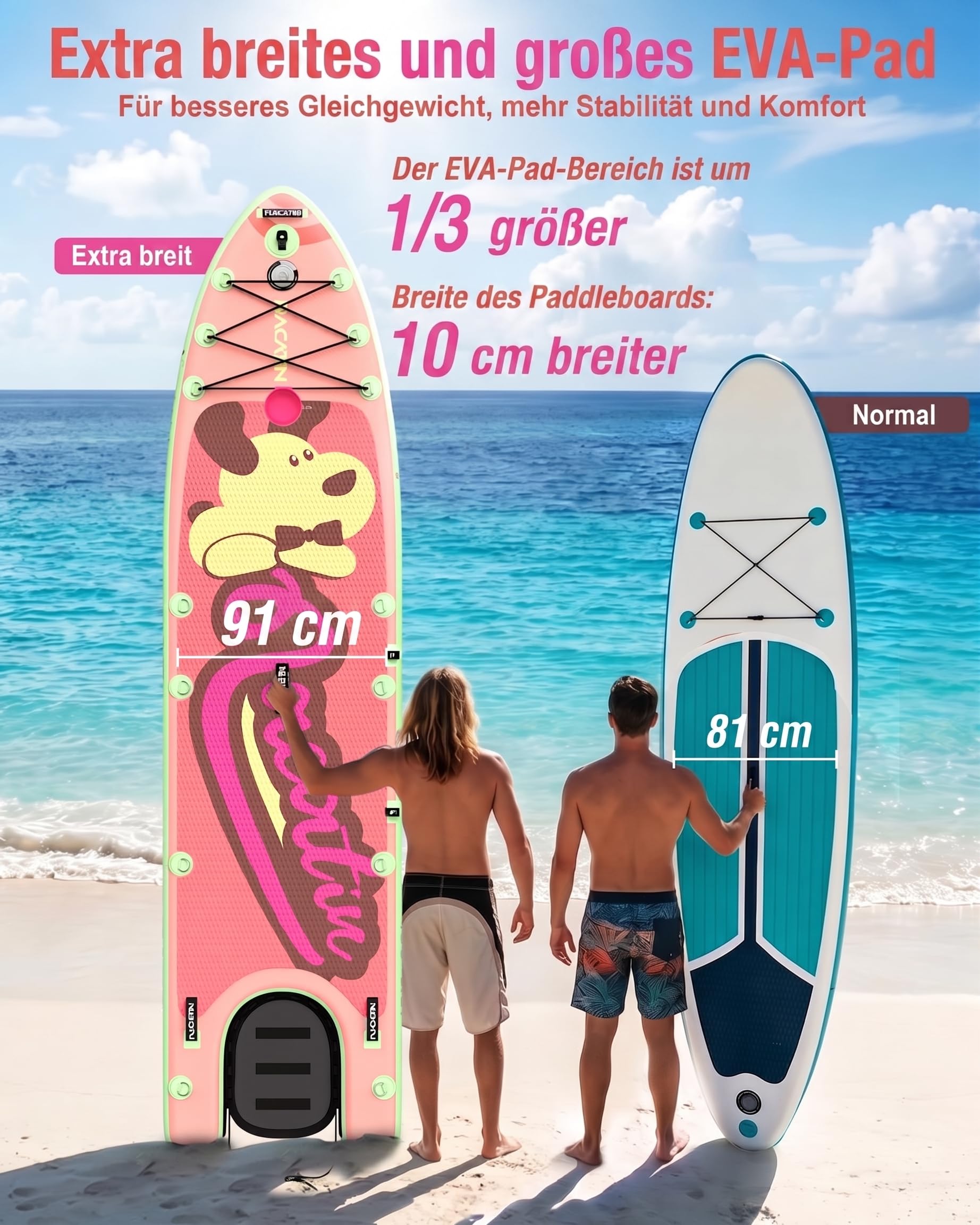 NACATIN 366cm (12ft) aufblasbares SUP Board mit Hunderampe, breites 91cm (36in) Stand Up Paddling Board mit rutschfestem Deck für Hunde & Familie, mit Einzel-/Doppelpaddel, Pumpe, Rucksack