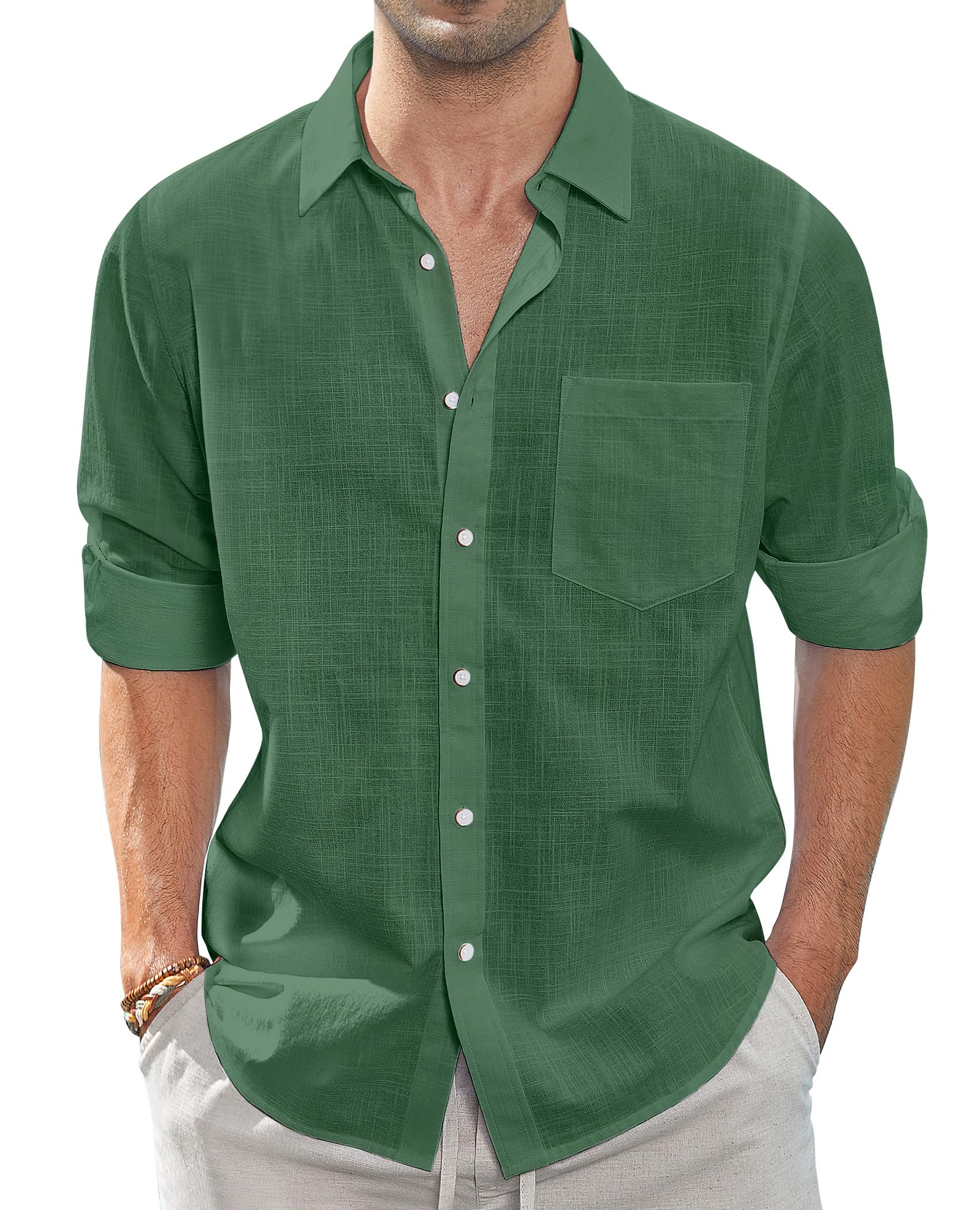 J.VER Leinenhemd Herren Langarm Leichtes Sommerhemd Einfarbig Business Freizeithemd Party Club Reisen Alltägliche Leinen Shirt mit Taschen