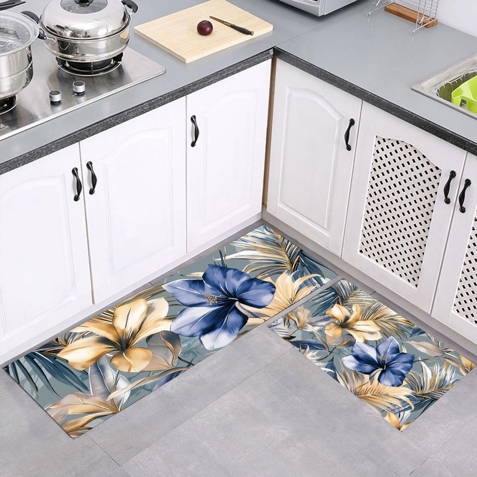 Tapis de cuisine antidérapant vintage feuilles de palmier au style chic