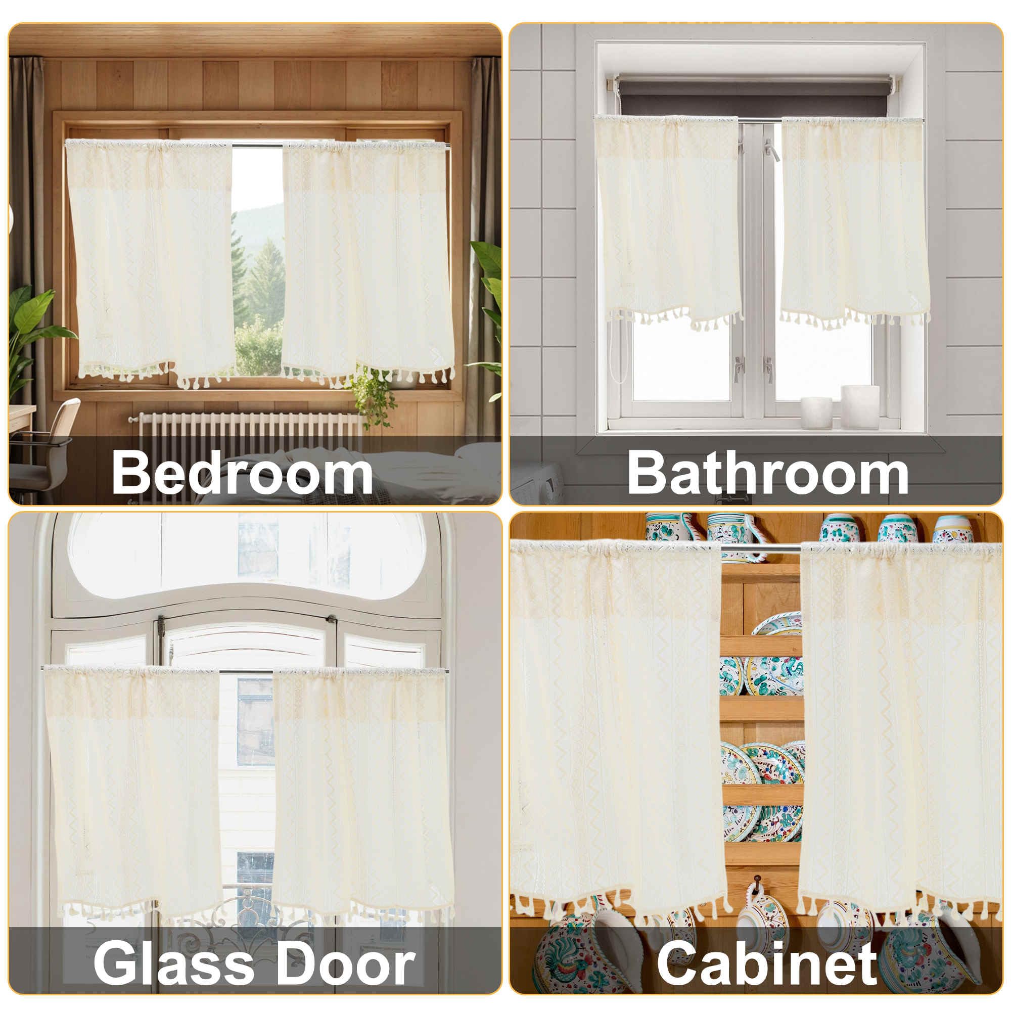 Tende Per Cucina, Frange Di Pizzo A Onde, Tende Da Caffetteria, Trattamento Finestra Corto Filtra Luce Per Bagno Seminterrato, Beige, 2 Pezzi 63x60cm / 24,8" x23,62(L*P)
