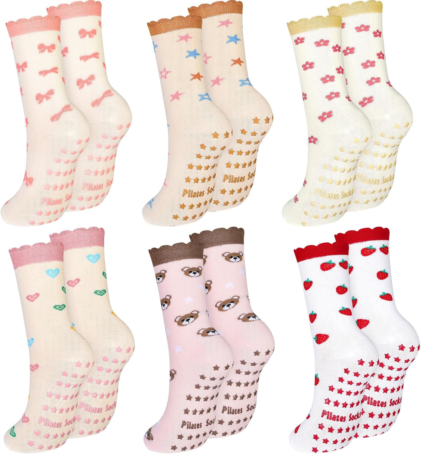 Ramede 6 Pairs Ballerina Gifts Pilates Grippy Socks for Women Cute Non-slip Yoga Crew Socks for Barre Fitness Hospital Workout