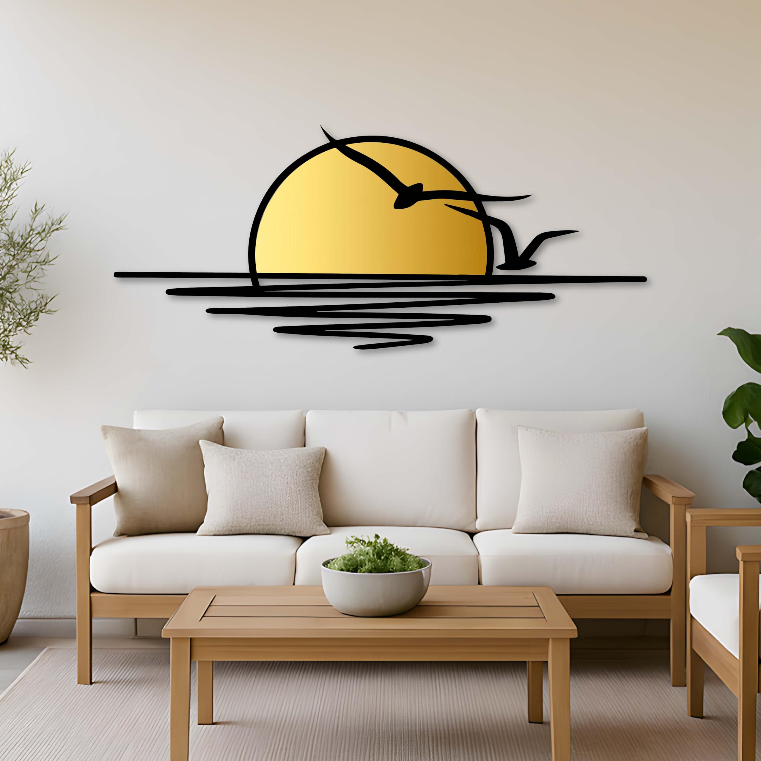 Decoración de pared de metal dorada con pájaros volando, decoración de pared extra grande con puesta de sol y gaviotas para patio, sala de estar o dormitorio, escultura de pared moderna de metal negro
