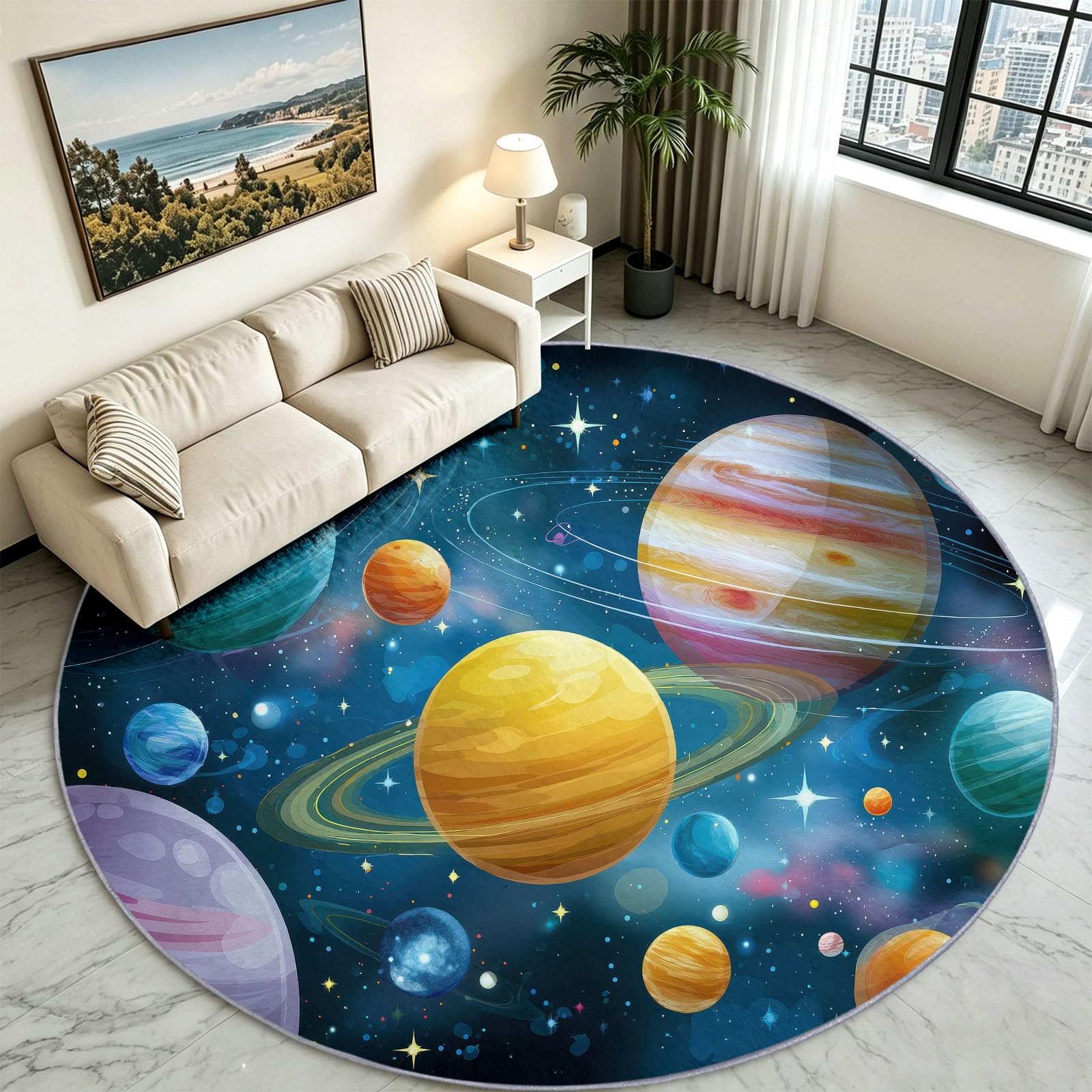 Générique Tapis Enfant Rond Chambre d'enfant Filles Garçons, Espace Dessin Anime Tapis Rond Lavable & Antidérapant pour Salon Chambre Cuisine Salle à Manger Chambre (160 cm, Galaxie Ciel Etoile)