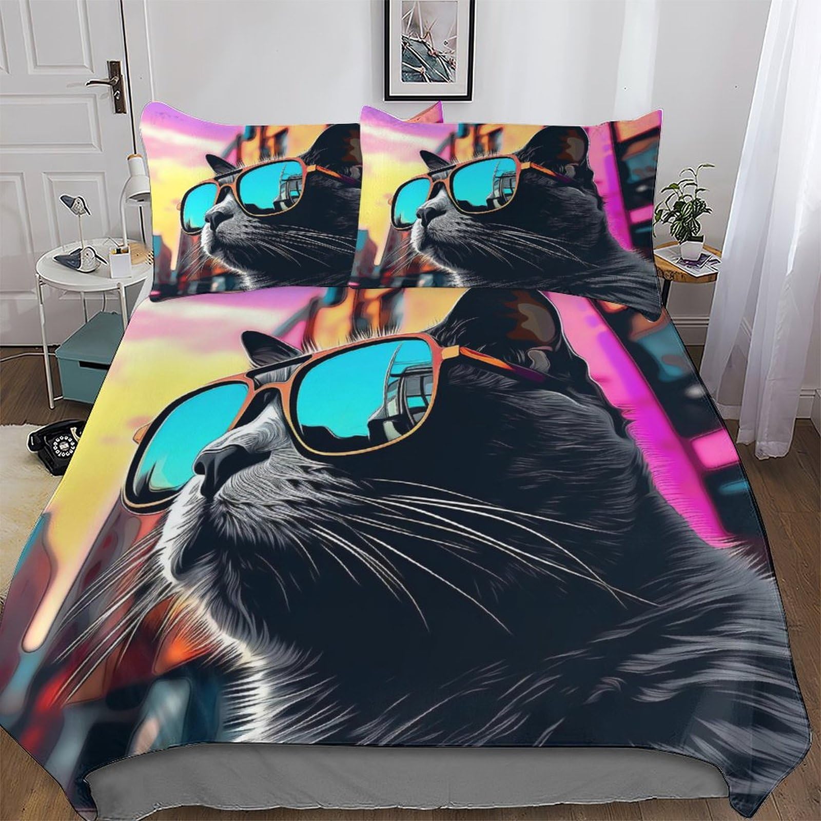 Housse de couette chat microfibre anti-plis parure 3 pièces pour lit double