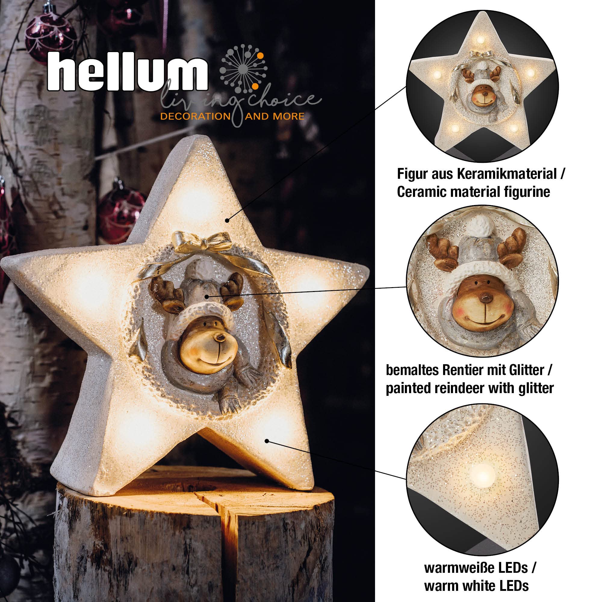 Hellum LED Dekofigur Stern mit Rentier, mit Timer, Weihnachten, warmweiß, batteriebetrieben (3xAA Nicht inkl.), 52x45x25cm, für Innen, Winter-Dekoration, 524048