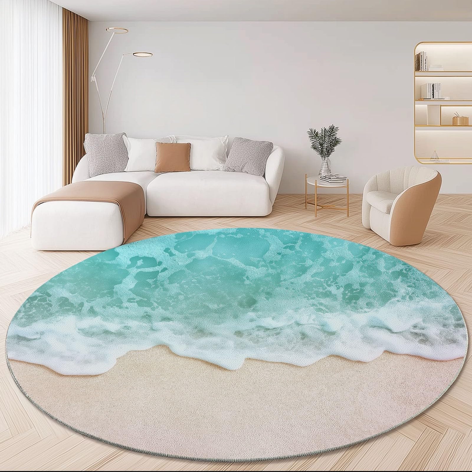 Weich Teppich Rund 120 cm Meer Wellen Strand, Waschbar rutschfest Wohnzimmerteppich Robuster Flauschiger Rund Teppiche Blau Bedruckt Teppich Für Küchen Esszimmer Schlafzimmer
