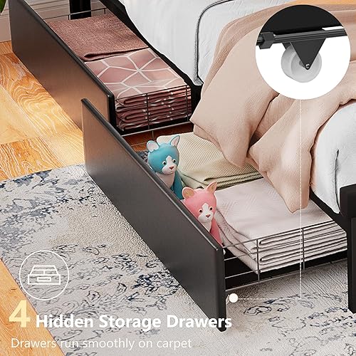 Miniatura 5 de Alohappy Marco de cama LED tamaño matrimonial con tomas de corriente y cabecera de estantería cama de plataforma de metal matrimonial con 4 cajones