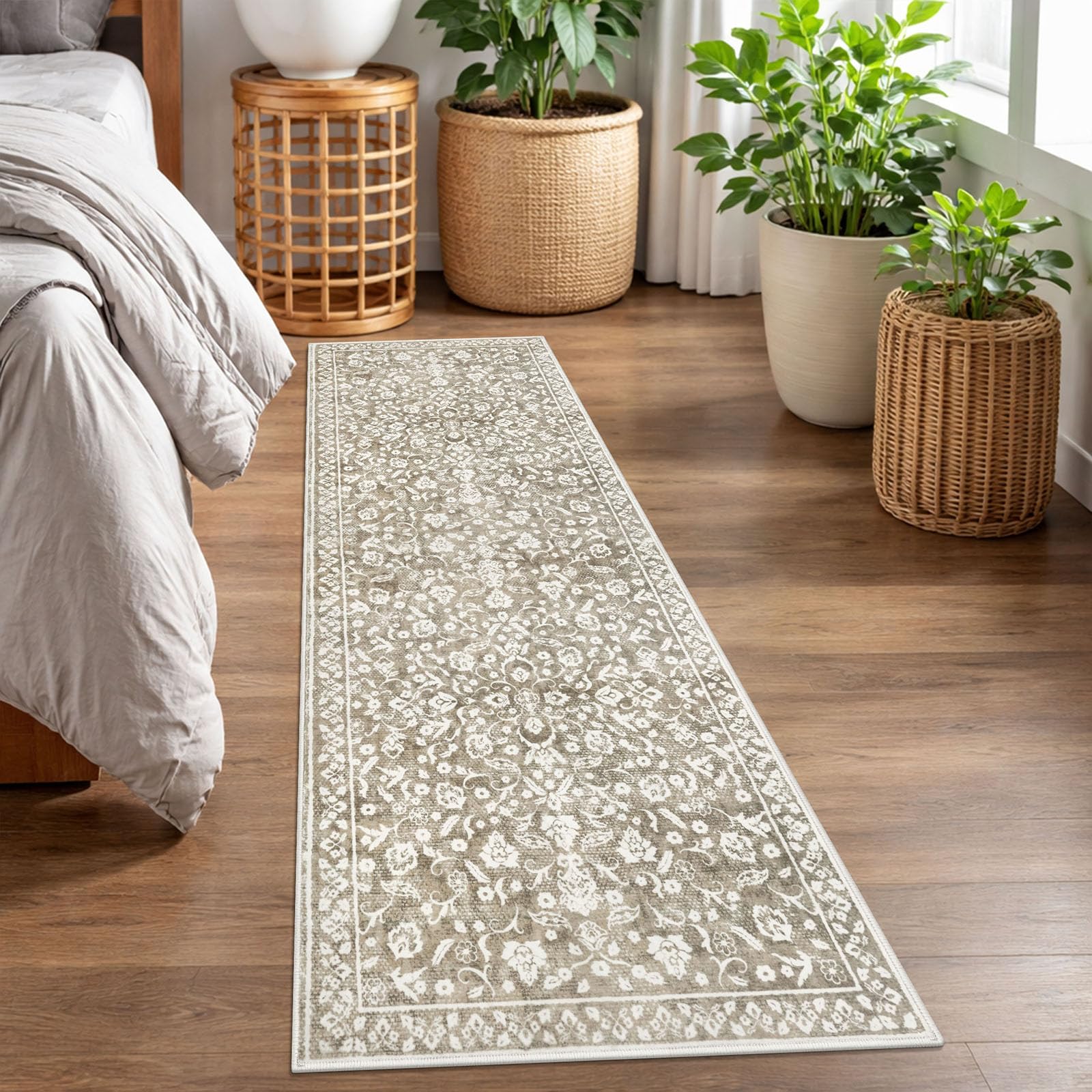 SILOLOOM Vintage 2x7 Runner Rug, Beige Washable Runners for hallways, Super Soft Kitchen Runner Rug Non Slip, Print Faux Wool Floral Thin Carpet Runner for Entryway Indoor Bedroom Bedside Runner โ image 1