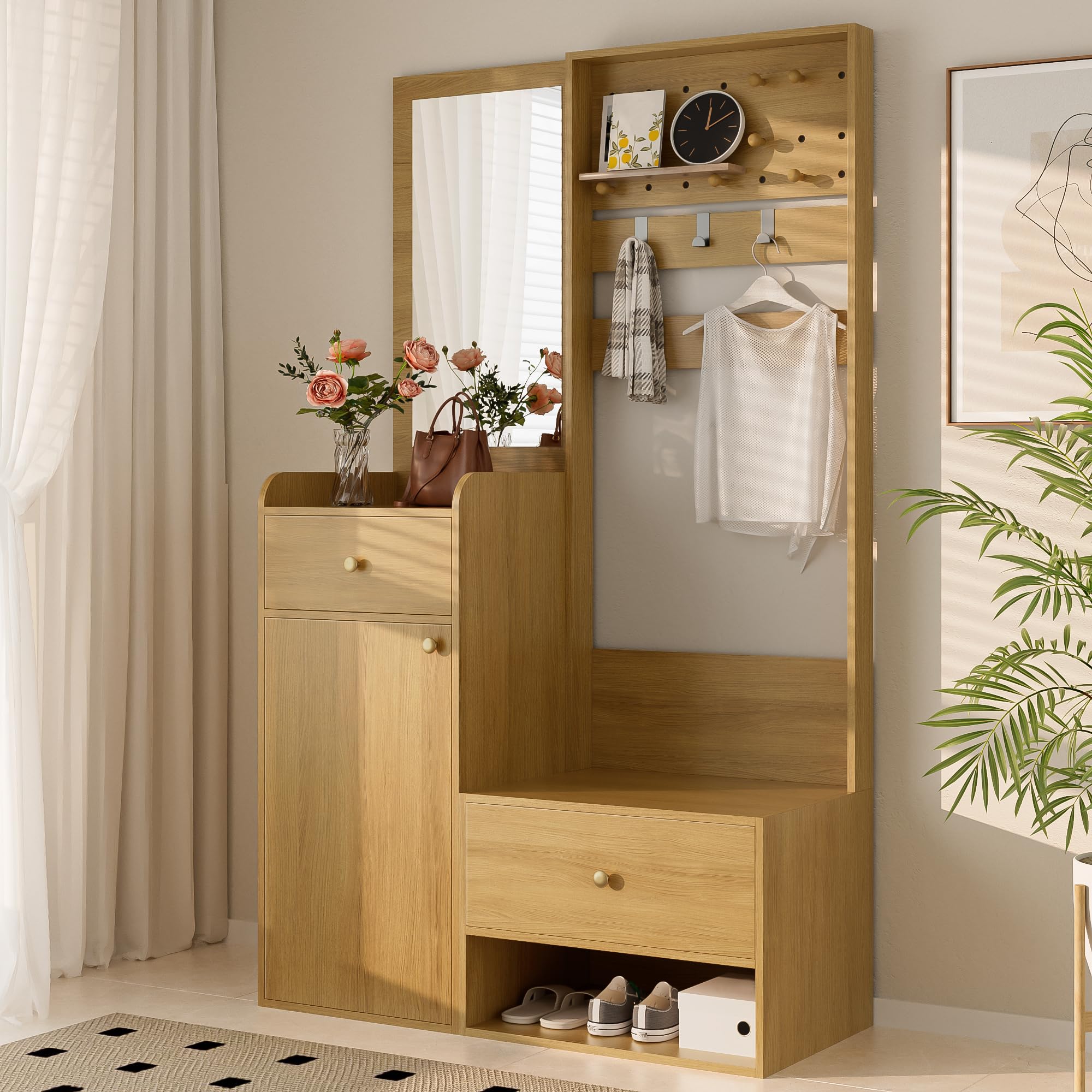 Armario compacto, moderno estante de entrada multifuncional – Elegante almacenamiento de color madera con espejo, ganchos ajustables y estantes espaciosos para zapatos, abrigos y objetos