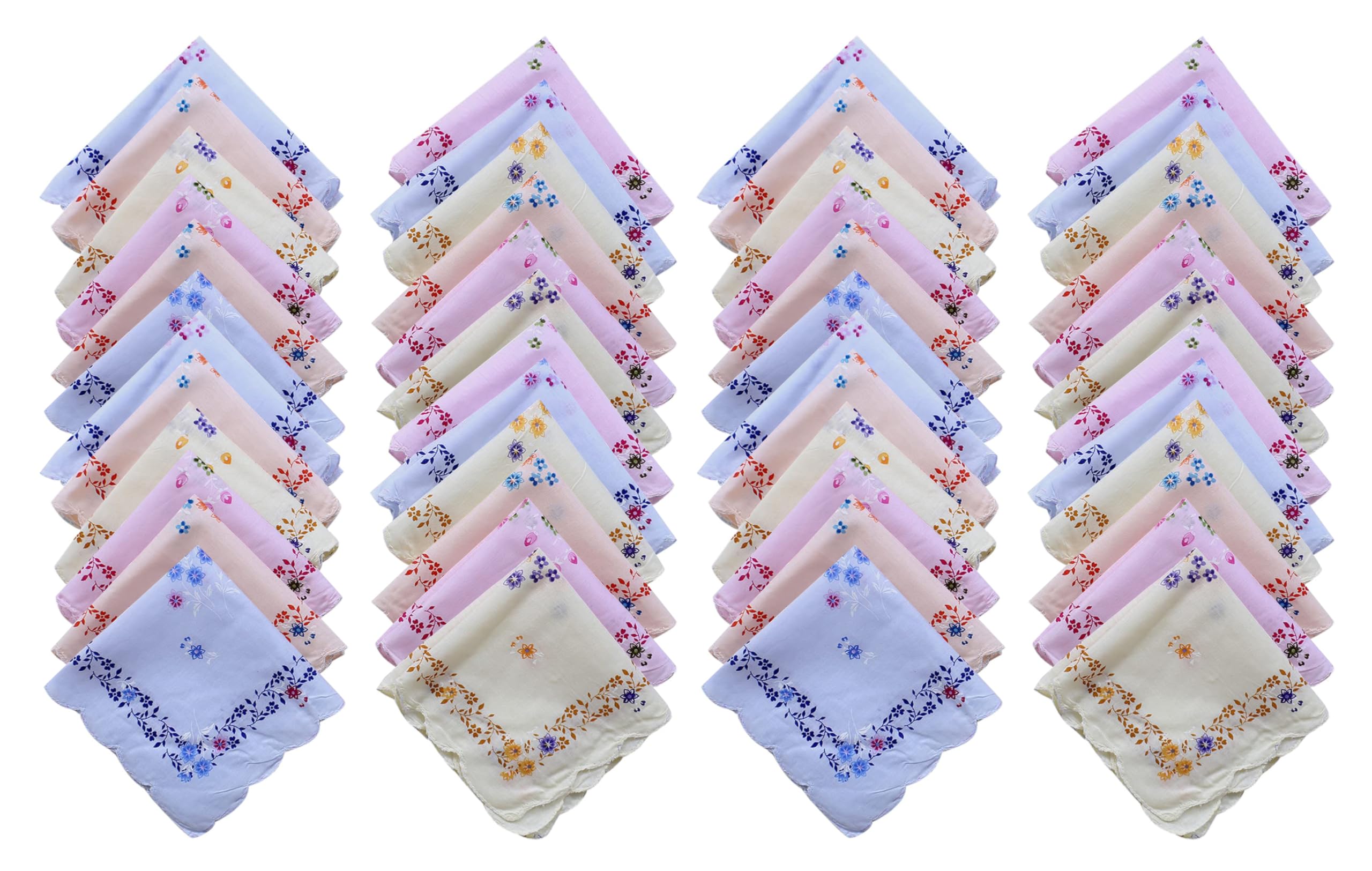 DIKHAWA 100% Cotton Women's Cut Work Border Light Colored Floral Handkerchiefs/Soft Cotton Hankies for Girls (30CM X 30CM)