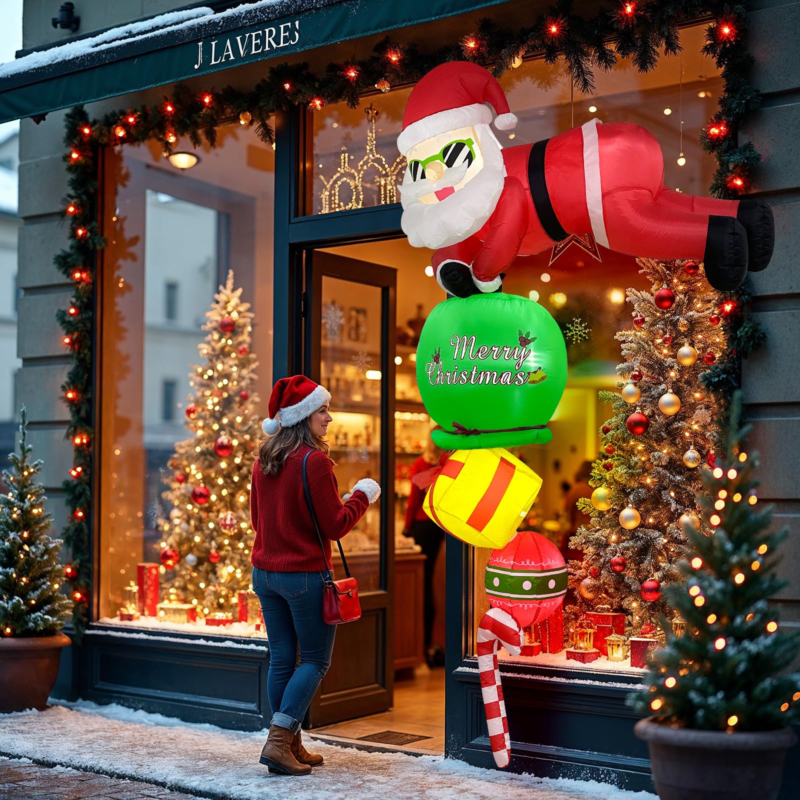 2,44 m Aufblasbare Weihnachtsdeko Außen, Hängender Aufblasbarer Weihnachtsmann Außen mit LED-Lichtern, Weihnachtsmann Aufblasbar für Wand, Fenster, Dachtraufe, Zuhause Dekor