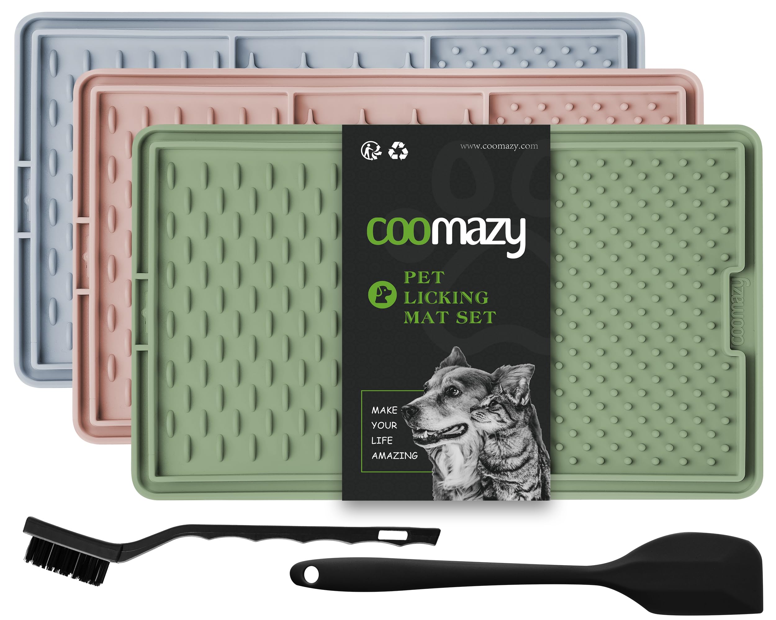 Coomazy Dog Lick Mat, Dog Slow Feeder, Boredom and Anxiety Reducer, Non-Slip Design Lick Mat for Dogs and Cats, Suitable for Treats, Yogurt, Peanut Butter, BPA-Free, Green+Pink+Blue