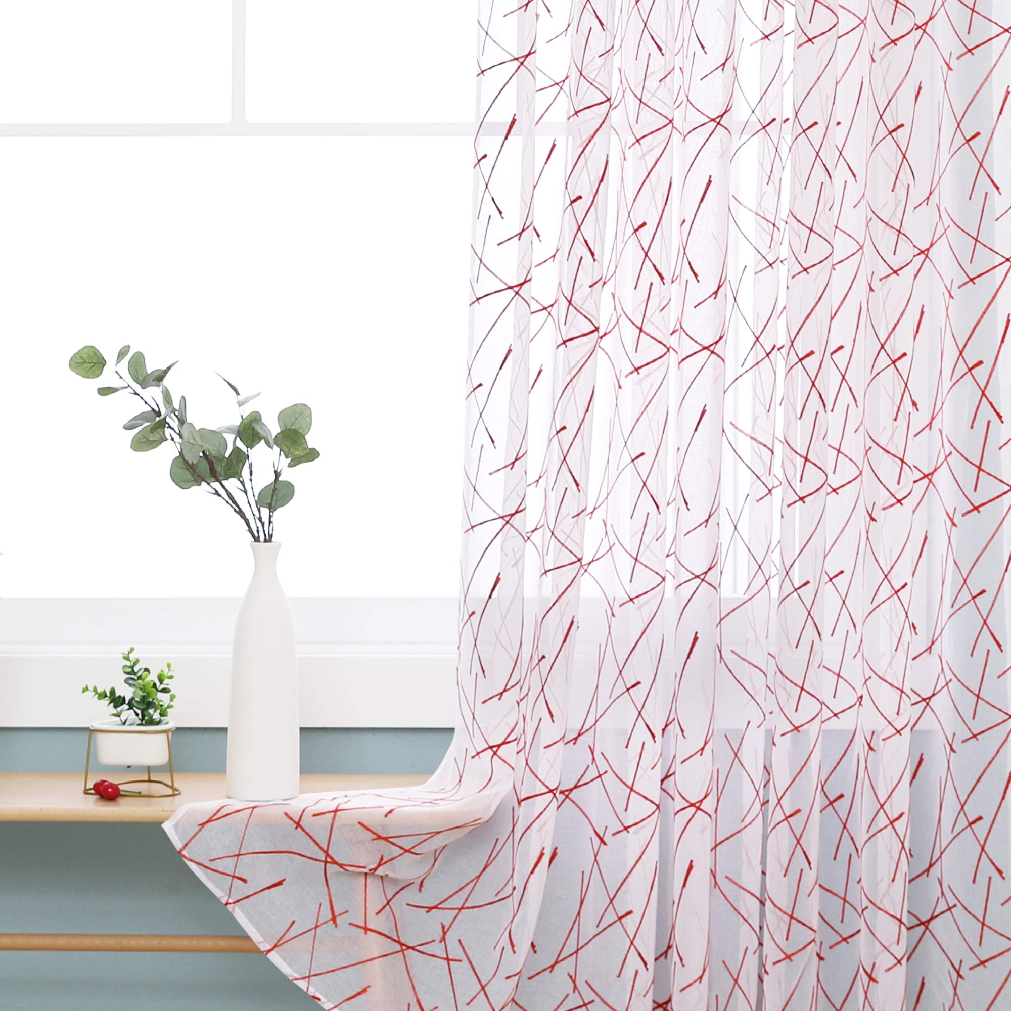 Deconovo Home Decoration Linen Look Voile Curtains Super Soft Semi Transparent Sheer Curtains Eyelets Net Curtains for Kitchen 55 x 69 Inch Orange Two Panels