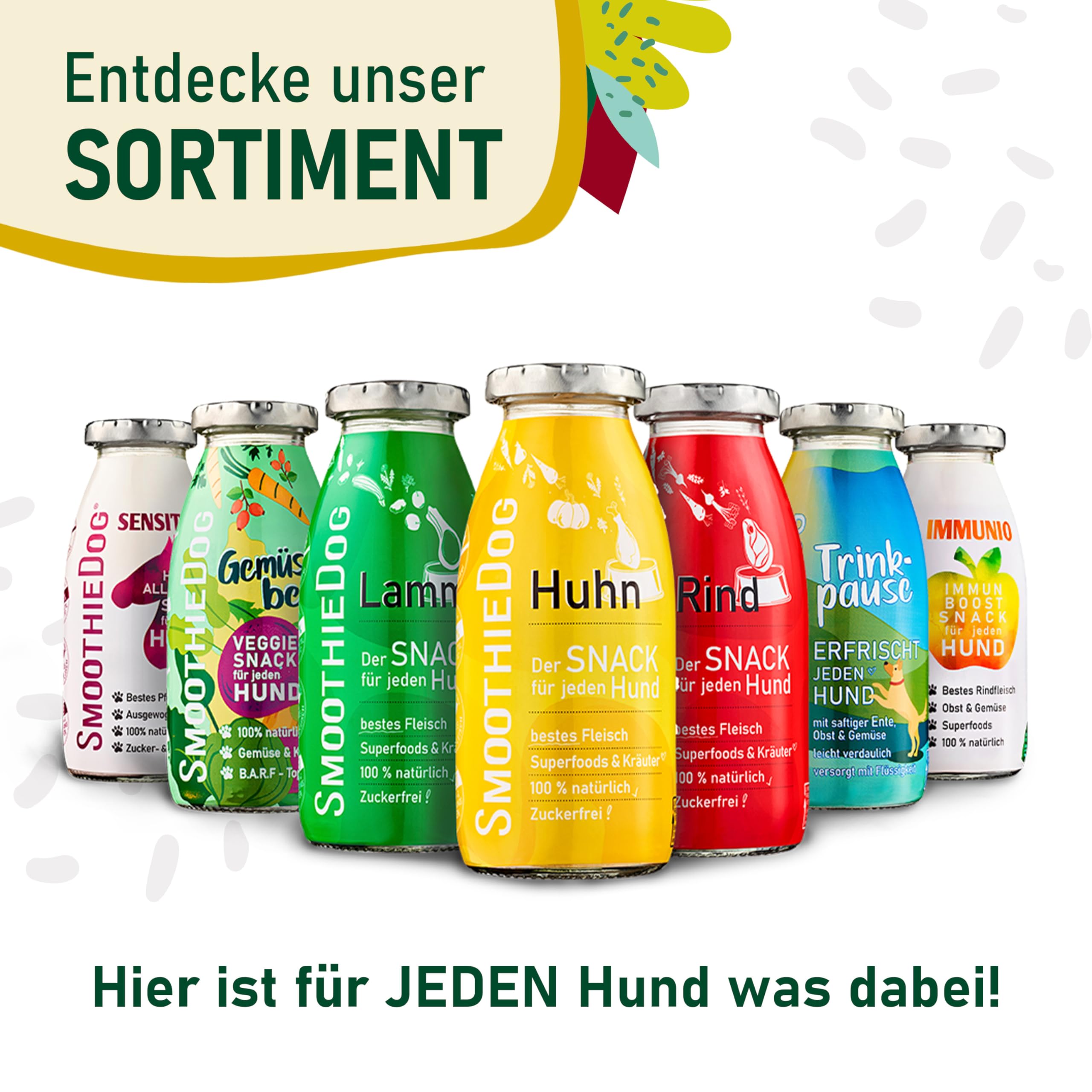 Hunde Smoothie SmoothieDog 6er Huhn + Doggyroller m. Halter, Karabiner Blau - Flüssiges Hundeleckerli - Zucker- & glutenfrei - Zubehör Hund - je 250ml