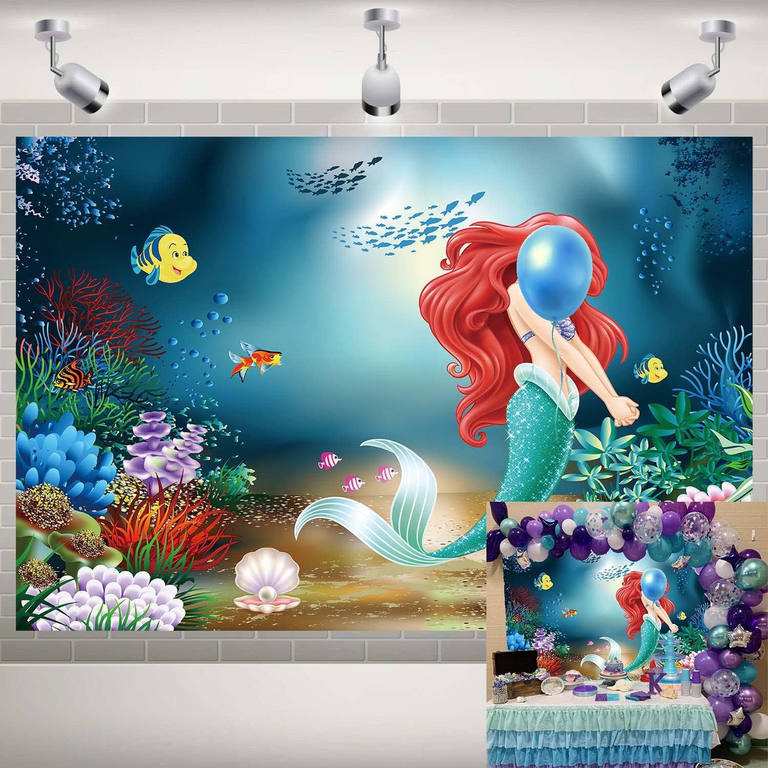 NSYNSY Mermaid Princess Background 7x5FT Under The Sea Little Mermaid Fairy Tale Backdrops for Baby Child Girls Princess Birthday Party summer Photography Decoration Banner