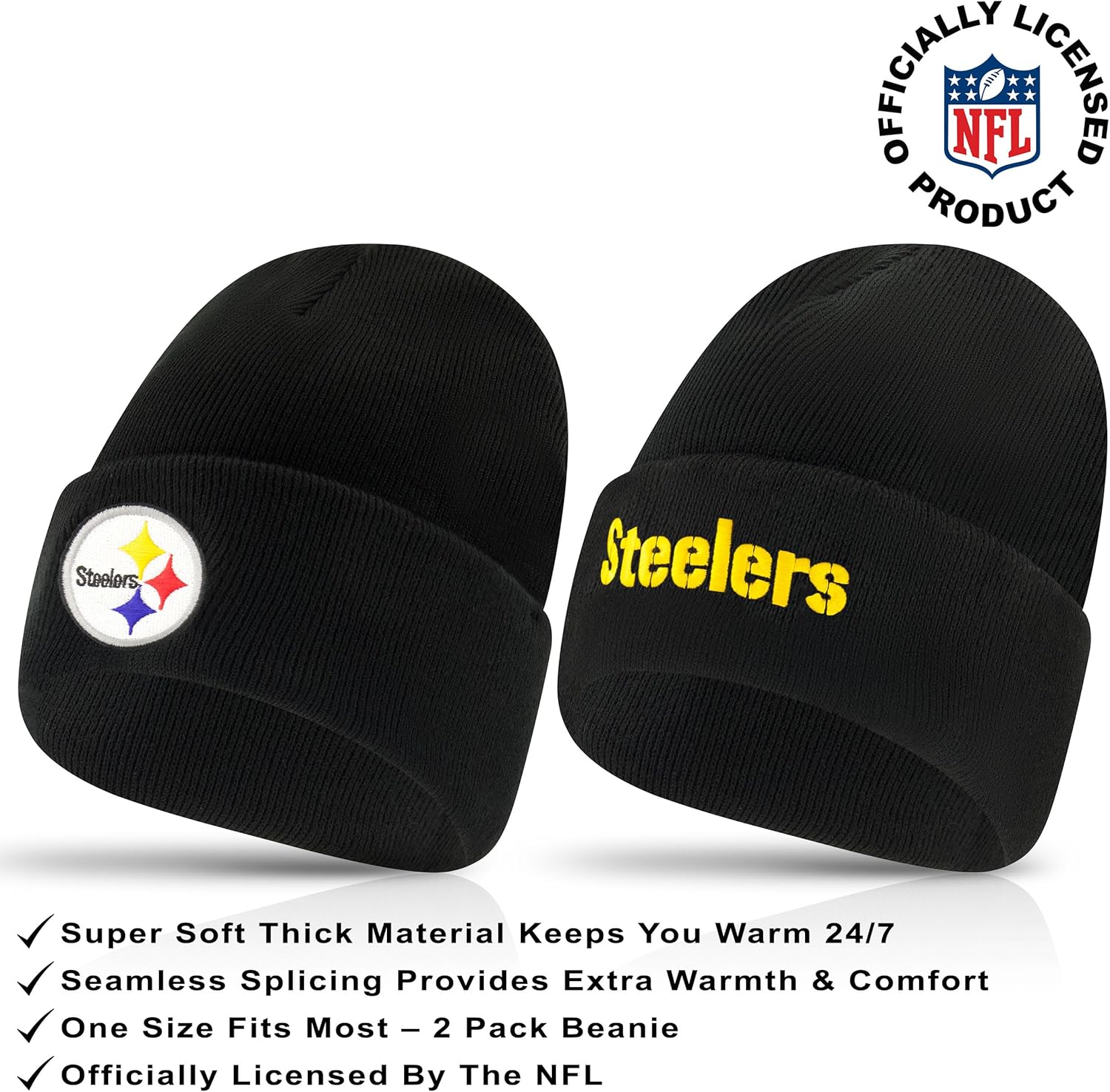 Ultra Game Adults NFL Official 2 Pack Super Soft Winter Beanie Knit Hats with Warm Touch Screen Gloves - Image 2