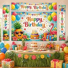 Tropical Birthday Party Decorations Set, 4 Pcs Happy Birthday Backdrop Banner and Porch Signs, Flamingo Pineapple Hawaiian Luau Party Supplies