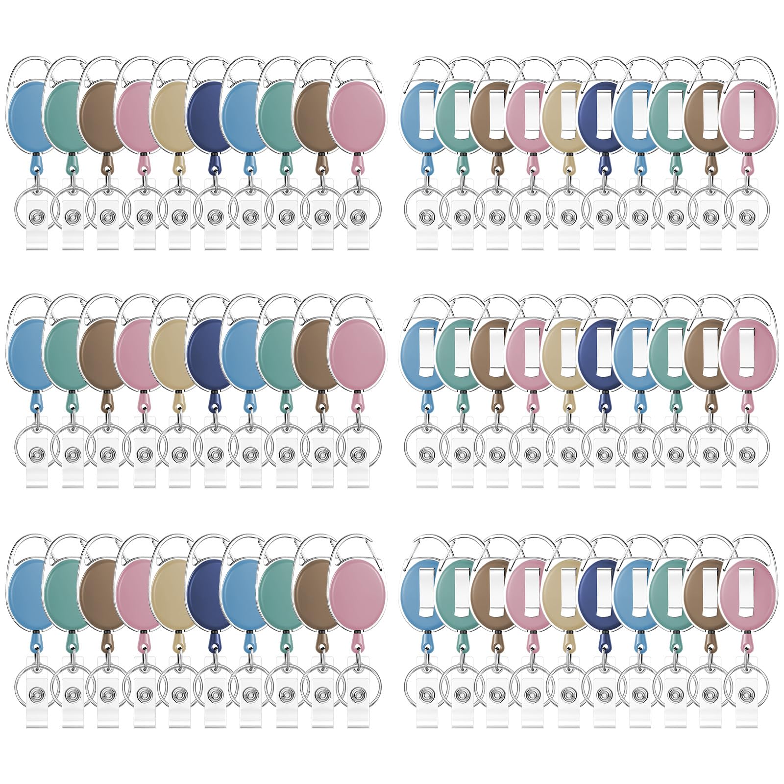 Bornerwhite 6 Color 60 Pcs Retractable Badge Holder with Carabiner Clips and Key Ring ID Badge Holder Retractable Clip Bulk for Office Worker Doctor Nurse Employee School Students Gifts