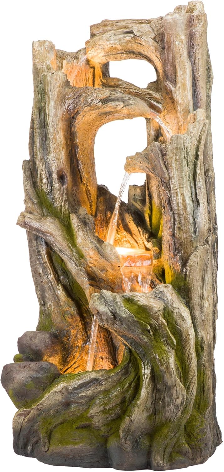 Alpine Corporation WIN1520 59" Indoor/Outdoor Floor 5-Tiered Tree Bark Water Fountain, Cascading Mossy Wood Waterfall Feature for Garden, Patio, and Yard, Brown