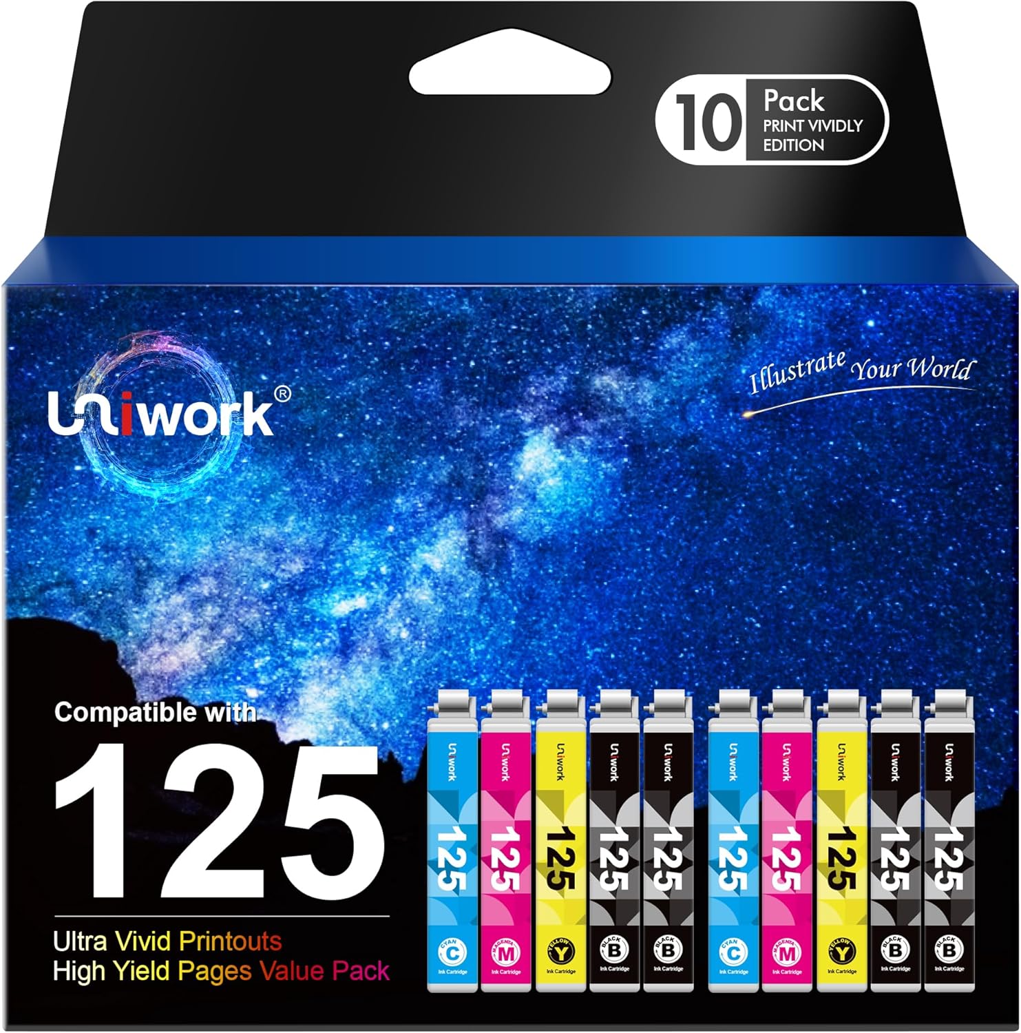 Uniwork Remanufactured Ink Cartridge Replacement for Epson 125 T125 use for NX125 NX127 NX130 NX230 NX420 NX530 NX625 Workforce 320 323 325 520 Printer Tray (4 Black 2 Cyan 2 Magenta 2 Yellow 10 Pack