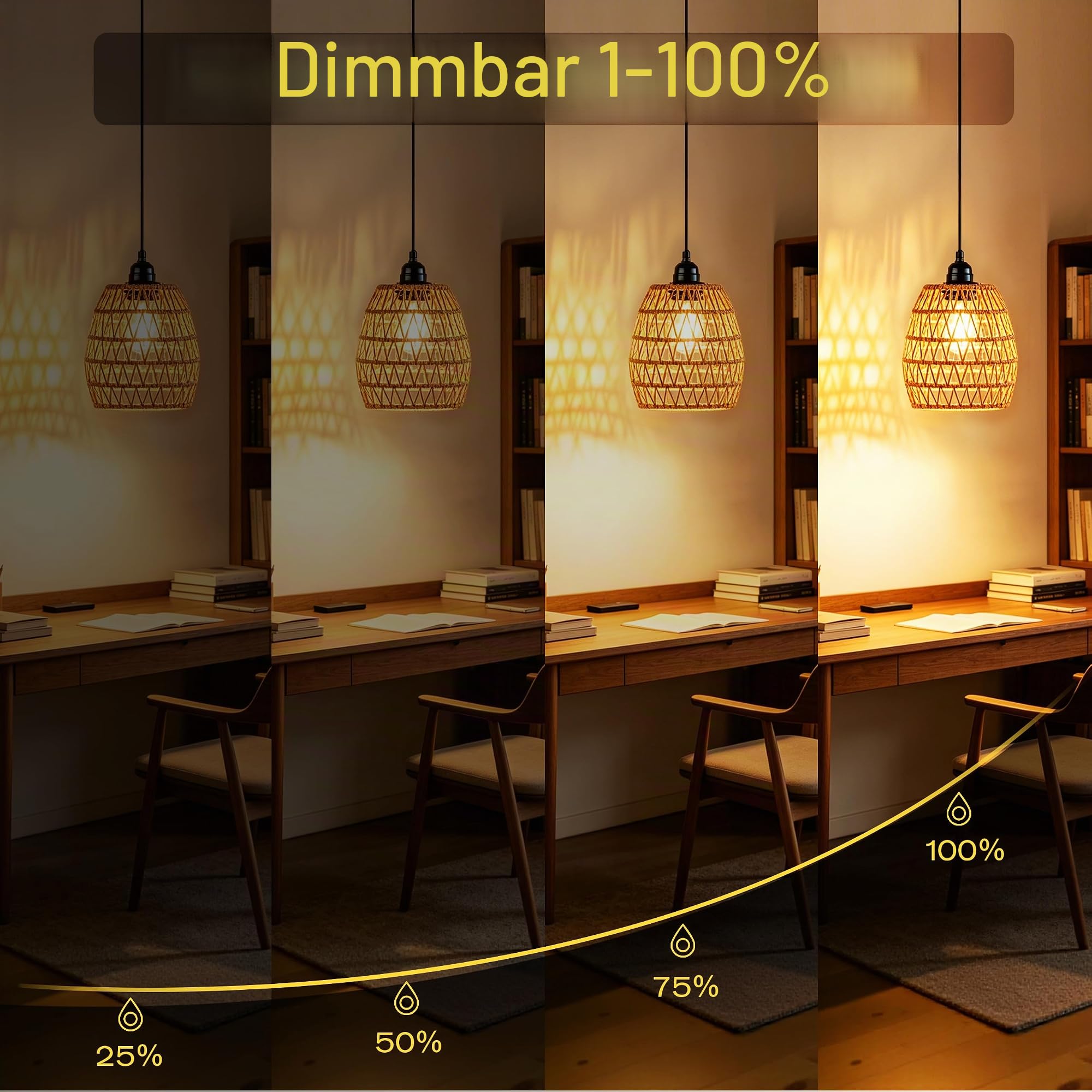 3 x Rattan Hängelampe mit Batterie, Dimmbar Hängeleuchte Batteriebetriebene Lampe mit Fernbedienung Ohne Stromanschluss, Außen Innen Tragbare Boho Korb Lampenschirm Pendelleuchte für Garten Balkon