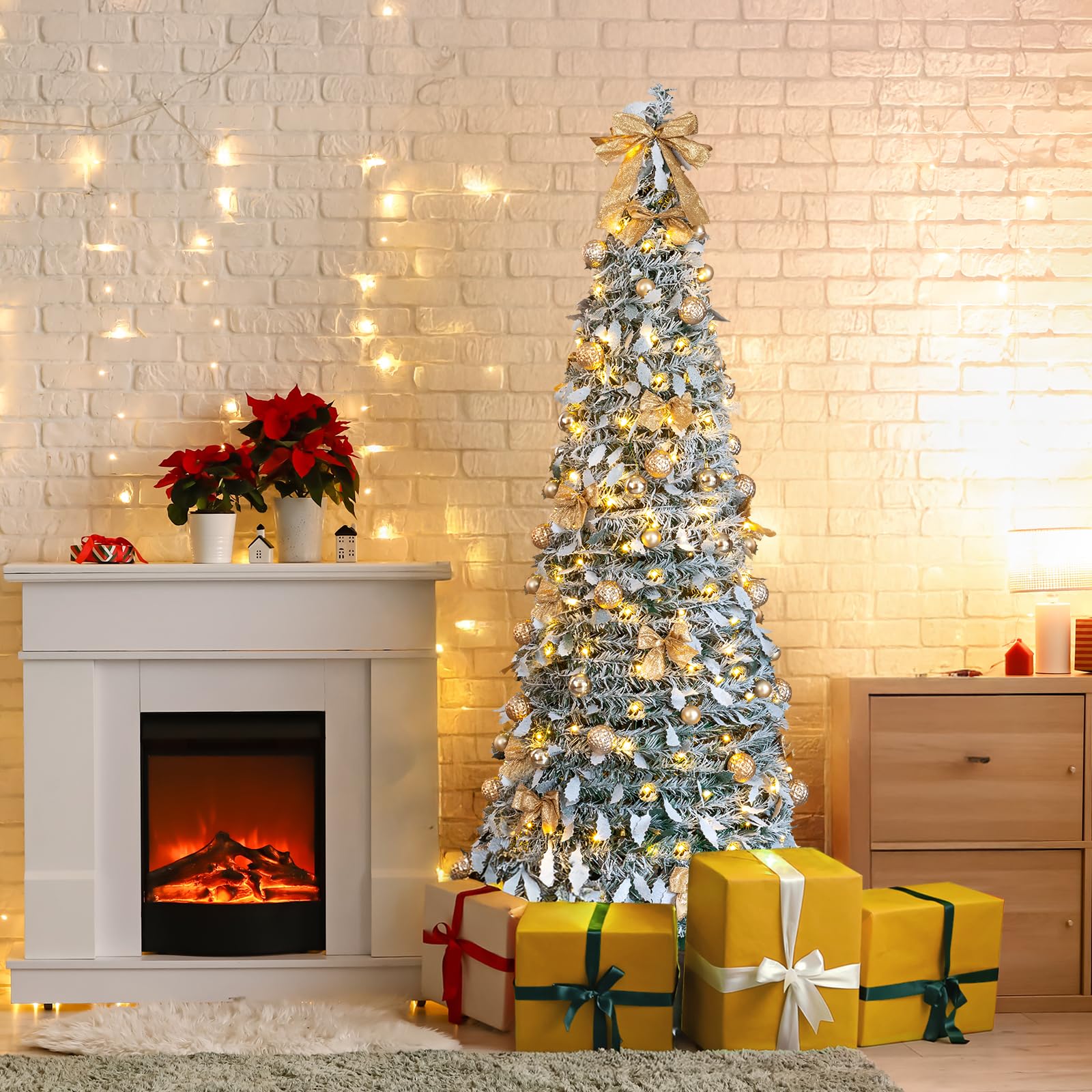 Karl home Sapin de Noël artificiel floqué de neige de 1,8 m avec 100 lumières chaudes et ornements dorés pour maison, bureau, magasin, décoration de vacances, vert neige