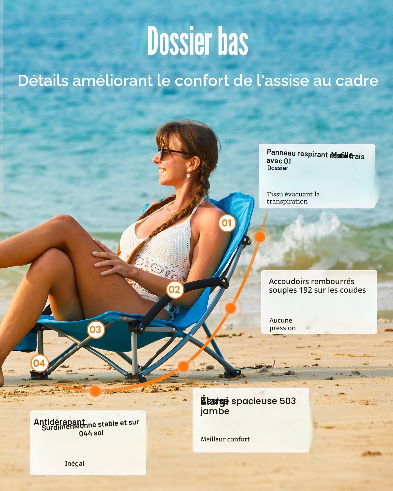 KingCamp Chaise de Plage Basse Pliante Capacité 180kg Stabilité à Double Support Vertical, Siège Extra Large et Dossier en Tissu Respirant, Siège Portable pour Camping, Pique-Nique, Festival Bleu