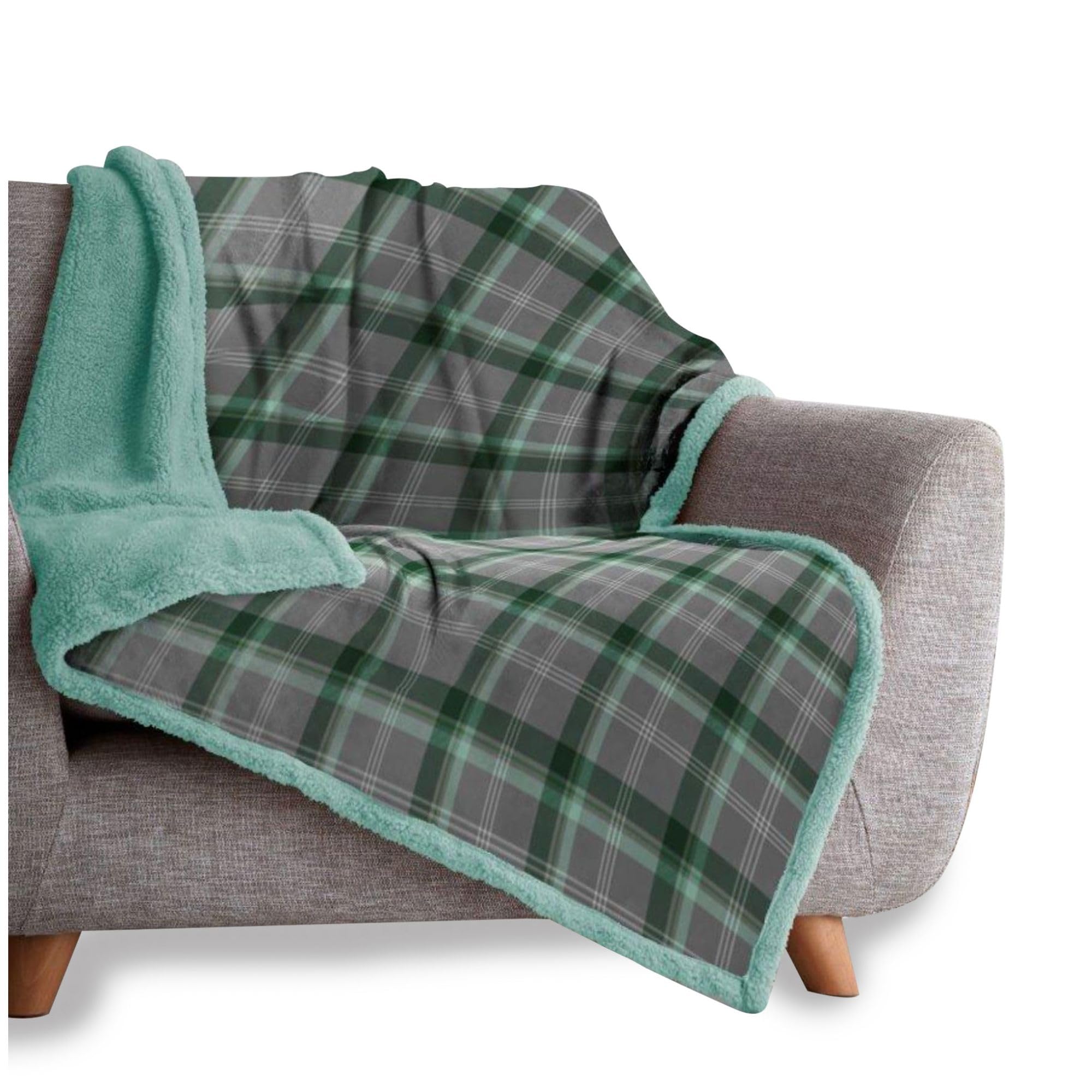 VELVETIO Cuddly Teddy Bear Fleece Throw 200 x 240cm, Super Soft Large Checkered Blanket for Sofa Bed, Snuggle Thermal Warm Lightweight Travel Throws, Green/Grey