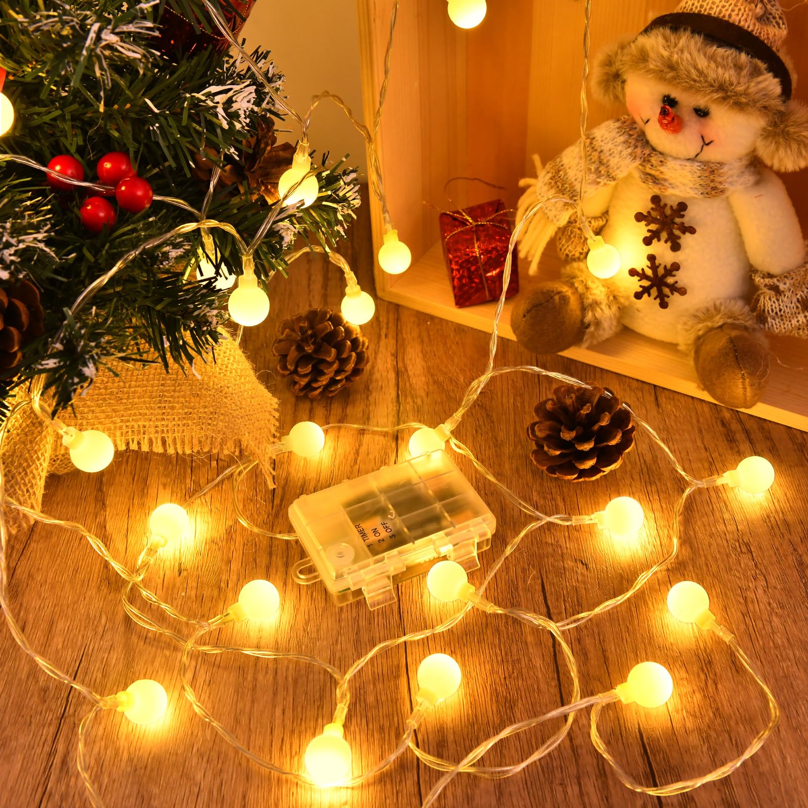 Dalugo Battery Fairy Lights, 6M 40 LED Warm White Globe String Lights with 6h Timer, IP65 Waterproof Battery Powered Christmas Lights for Indoor Outdoor Christmas Decorations