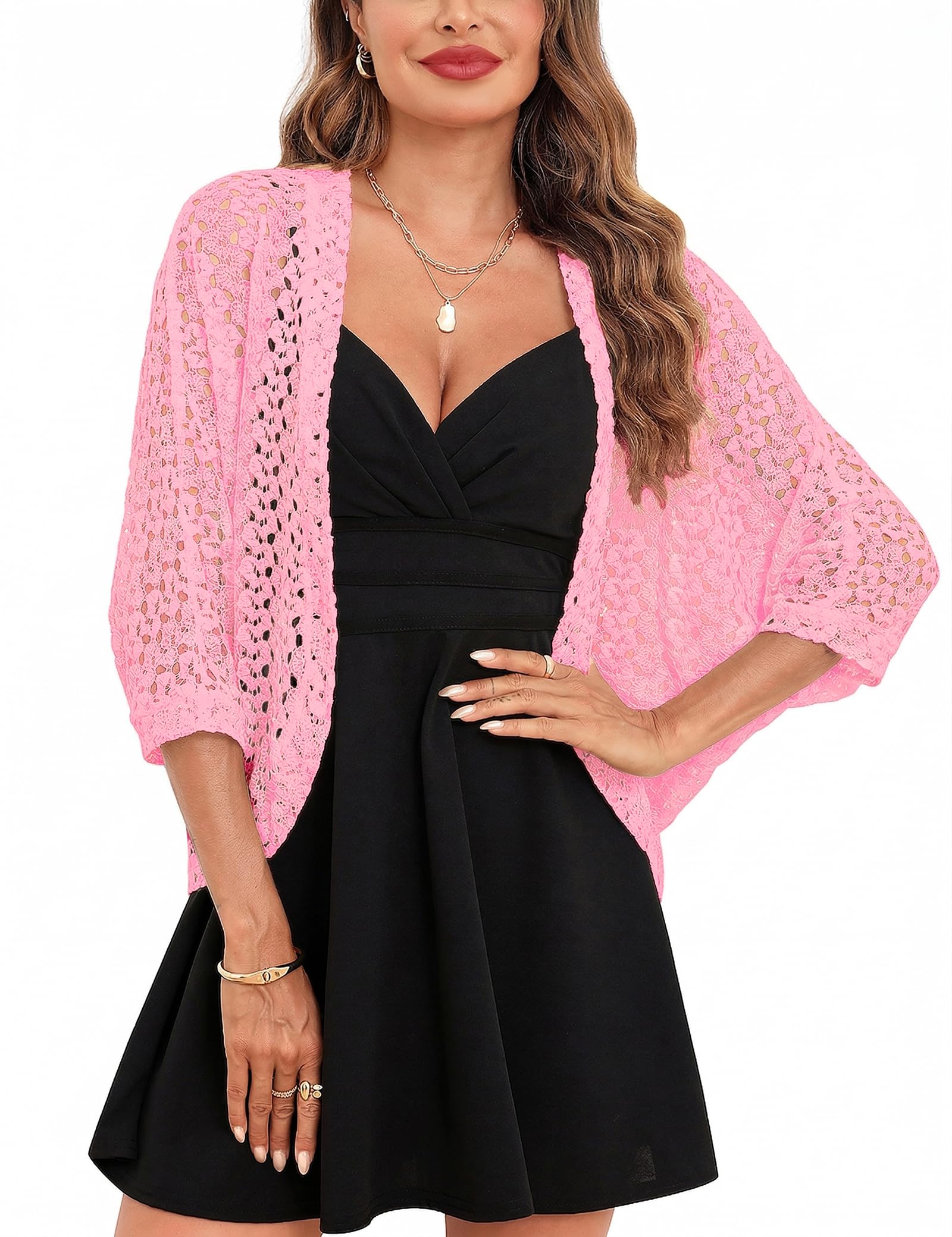 Gyabnw Damen Strickacke Elegante Bolero Spitzenjacke Festlich Cardigan Kurzer Blazer Festlich Bolero mit 3/4 Arm für Abendkleider Cocktailkleid