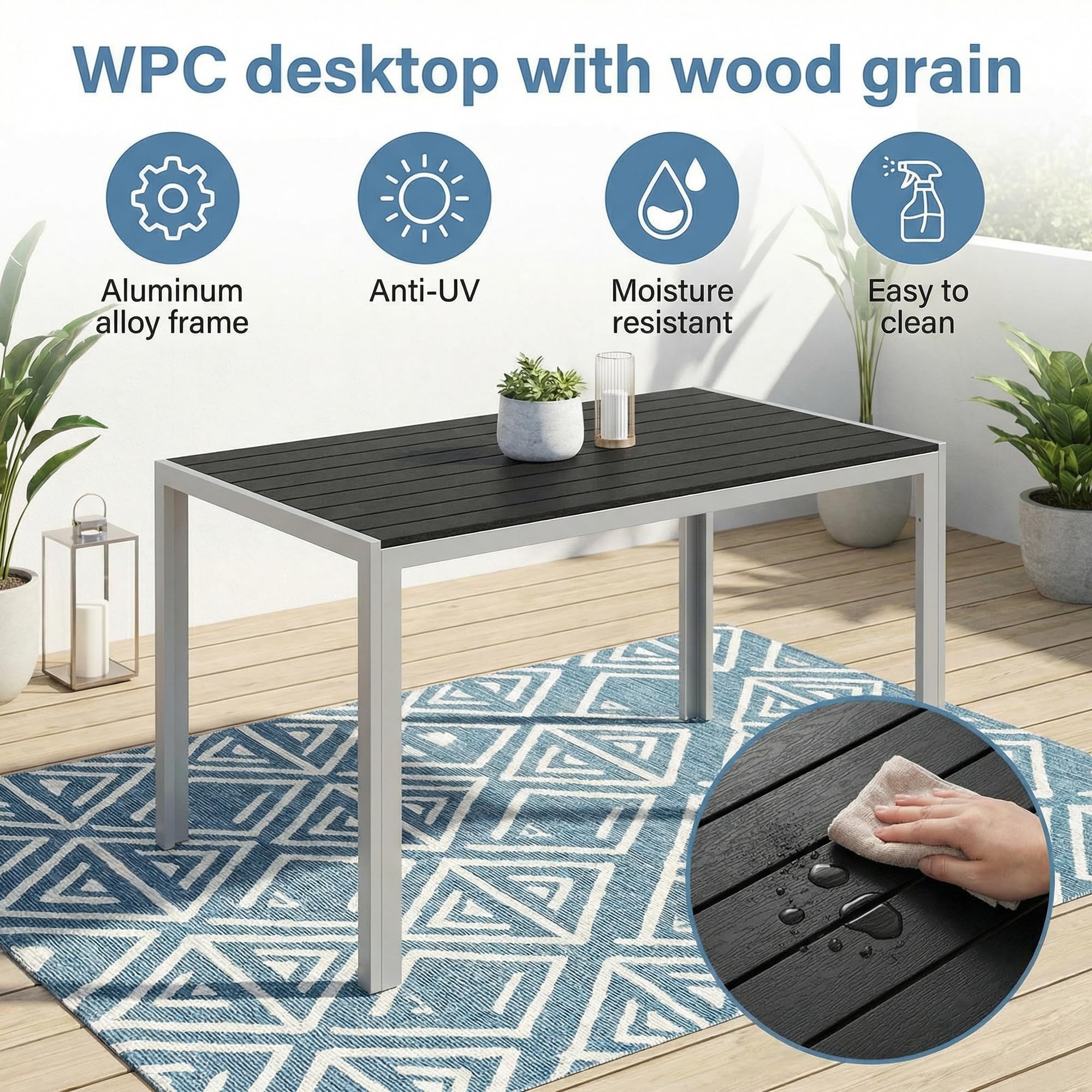 LIFERUN 5-Teiliges Gartenmöbel Set, Aluminium Balkonmöbel Set, 4pcs Verstellbare Hochlehner Klappstühle +110x70cm WPC Wetterfest Rechteckiger Terrassentisch,Essgruppe Sitzgruppe Outdoor, Silber Grau