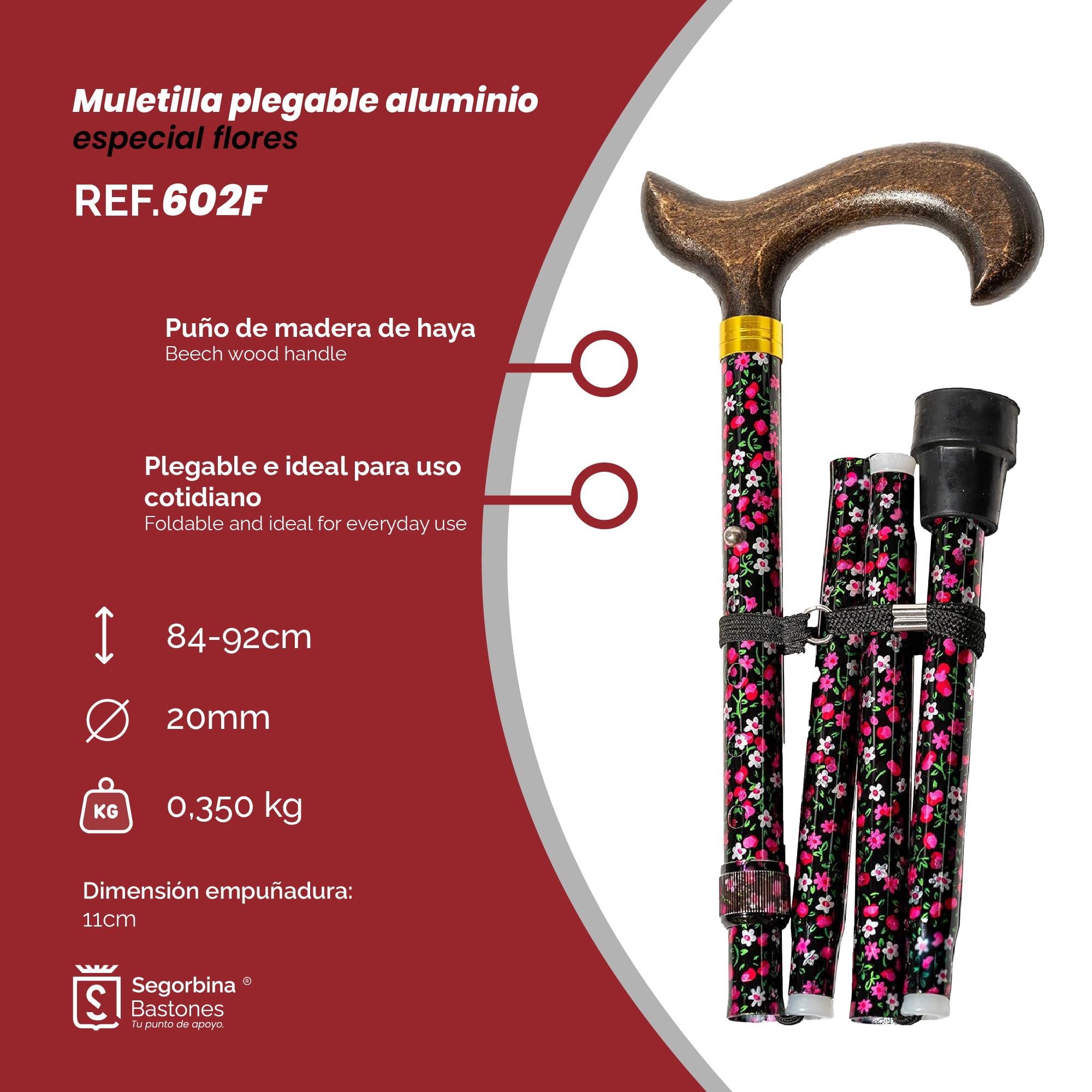 Aluminiowa podpórka składana podpórka, wykończenie kwiatów i drewniany mankiet. Regulowana wysokość 84-92 cm (602F)