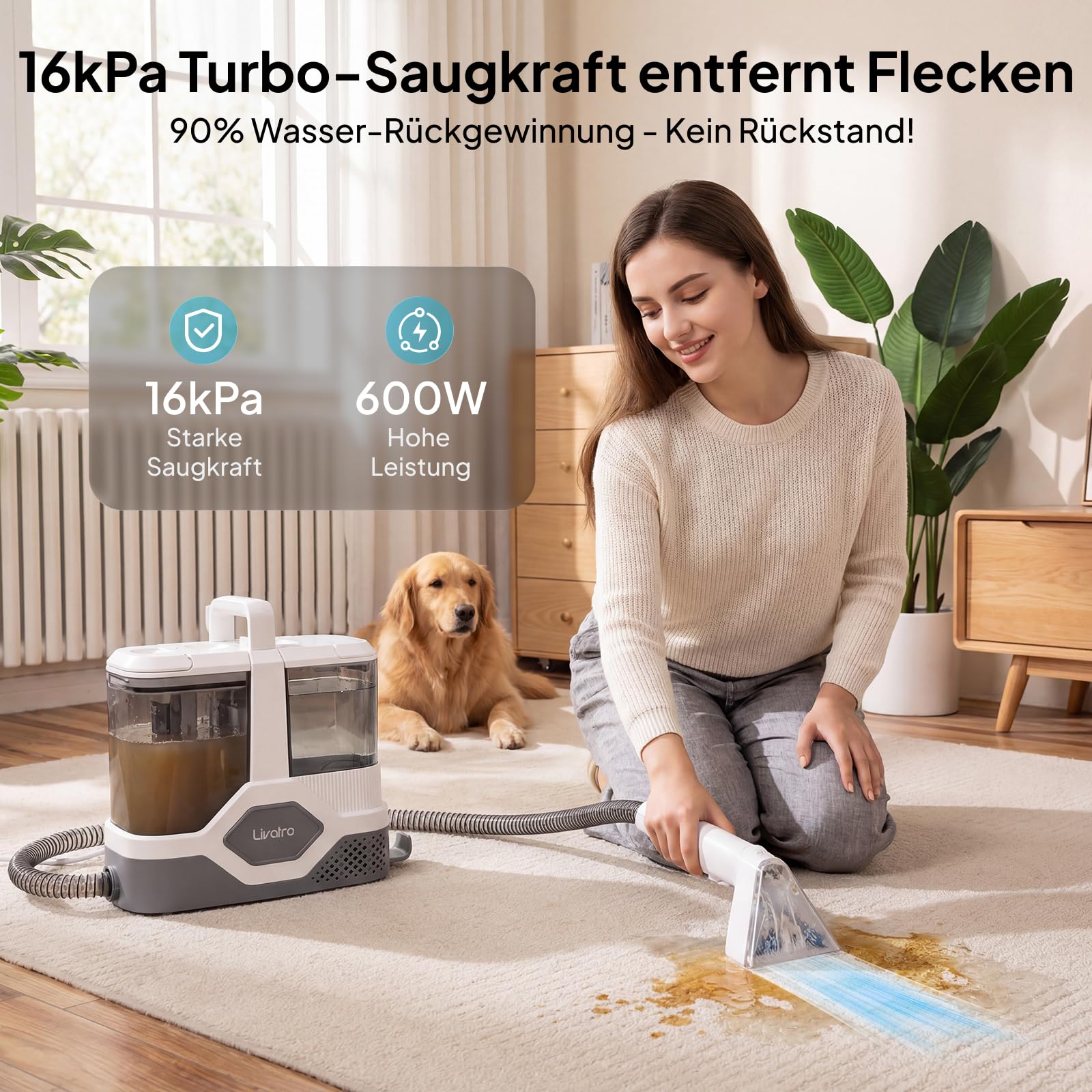 Livatro Nasssauger Polsterreiniger Gerät Teppichreiniger Waschsauger | 600W Tragbarer Waschsauger,16KPa Abnehmbarer 2,3L Tanks,Selbstreinigung,für Teppiche,Auto & Sofas,Matratze & Haustier