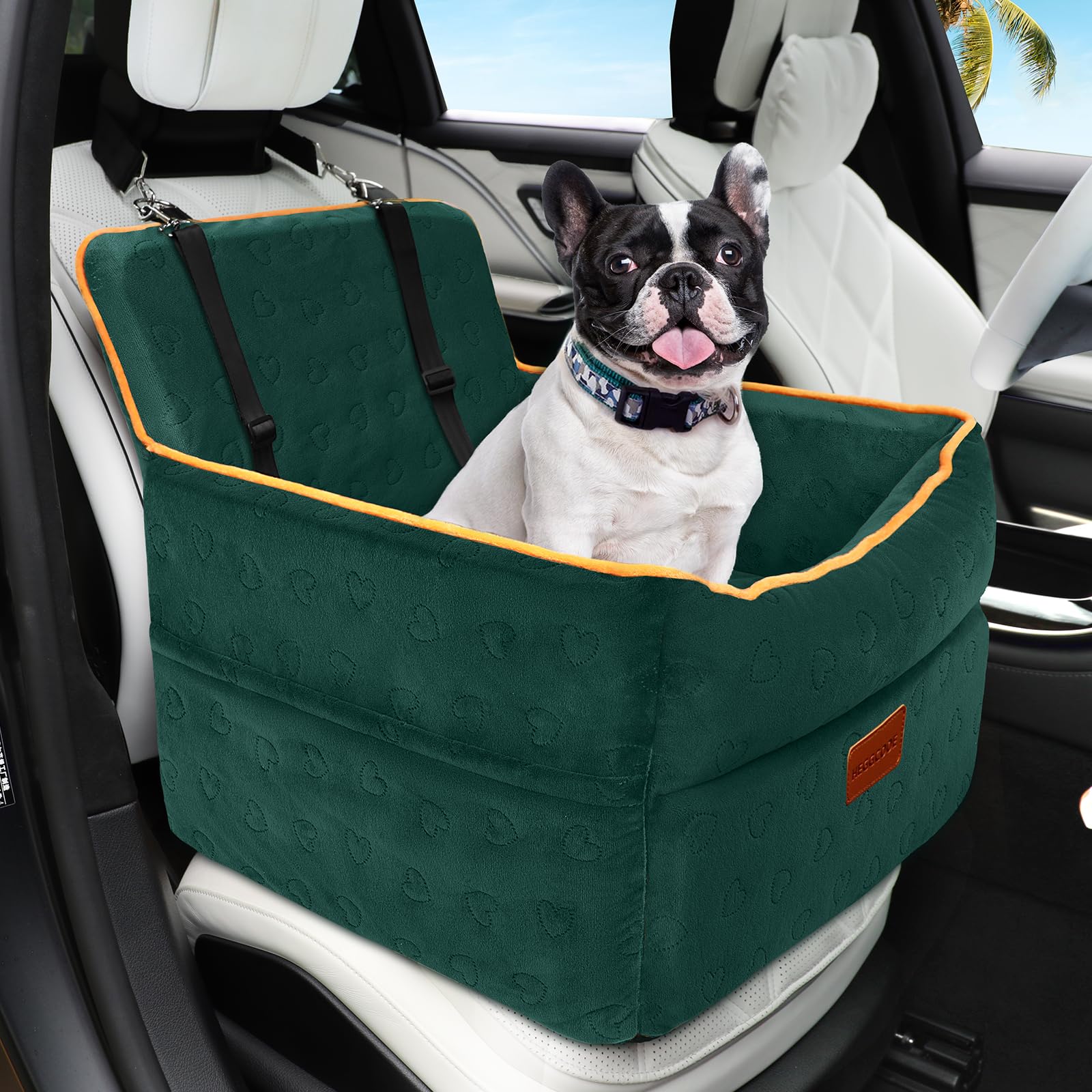 HEGGCOOE Dog Car Seat for Small Medium Dogs, Memory Foam Puppy Dog Booster Seat with Thick Cushion for Dogs Under 35lbs, Detachable Washable Pet Car Seat Travel Bed with Storage Pockets,2 Safety Belts