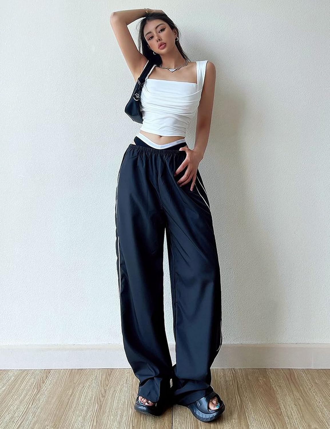 Springrain Womens Wide Leg Track Pants Slouchy Stripe Detail Jogger Sweatpants with Pockets - Image 7