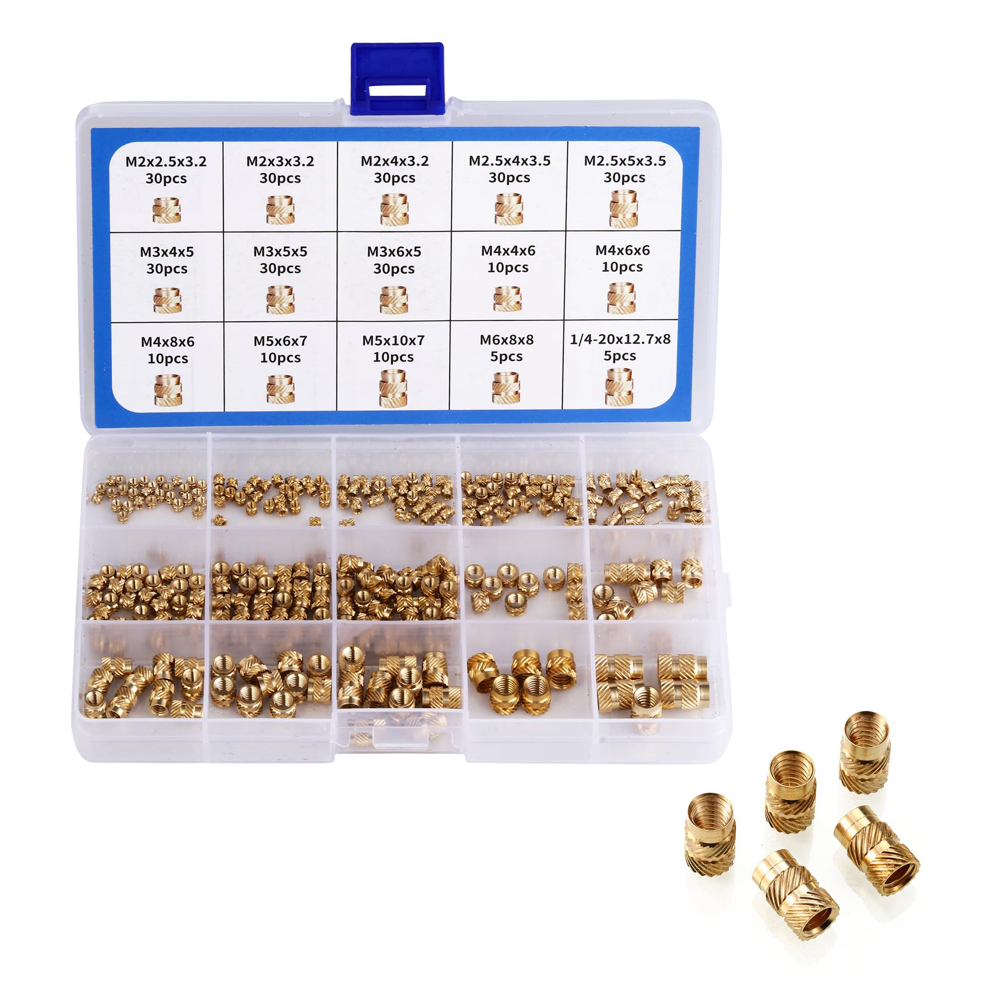 300 Stück Gewindeeinsatz，M2、M2.5、M3、M4、M5、M6、1/4 Einschmelzgewinde，Mit Sortierbox，Einpressmuttern，GewindeeinsäTze，Für den 3d druck zubehör und Kunststoffteilen mittels Hitze oder Ultraschall