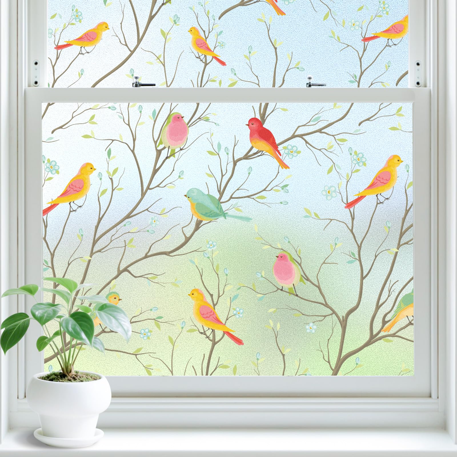 Lifetree Stained Glass Window Film Privacy Film for Glass Windows Decorative Non Adhesive Static Cling Vinly Anti UV Bird Patterned for Bathroom and Door (Frosted, 44.5 * 200cm)
