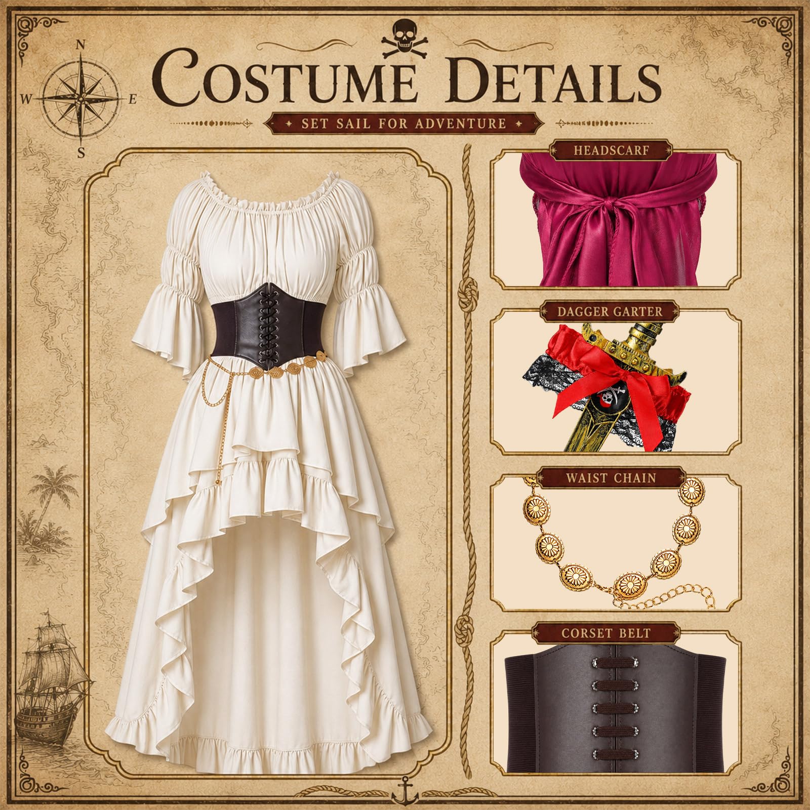 Twistover Halloween-Kostüm für Damen, Piratenkostüm, Zubehör, Kleid, Korsett, Kopftuch, Gürtel, Choker, Spitze, Strumpfband für Piratenkapitän, Verkleiden