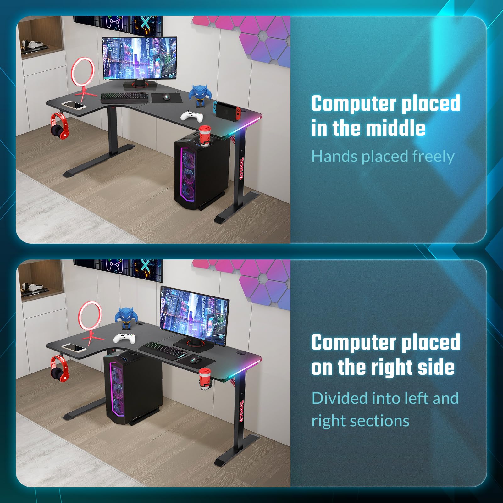 Todeco 140 x 100 cm L-förmiger Gaming Schreibtisch, Eckschreibtisch mit LED | mit Kopfhörerhaken, Getränkehalter, 40 RGB-Modi mit Fernbedienung, höhenverstellbare Beinpads, Kohlefaseroberfläche