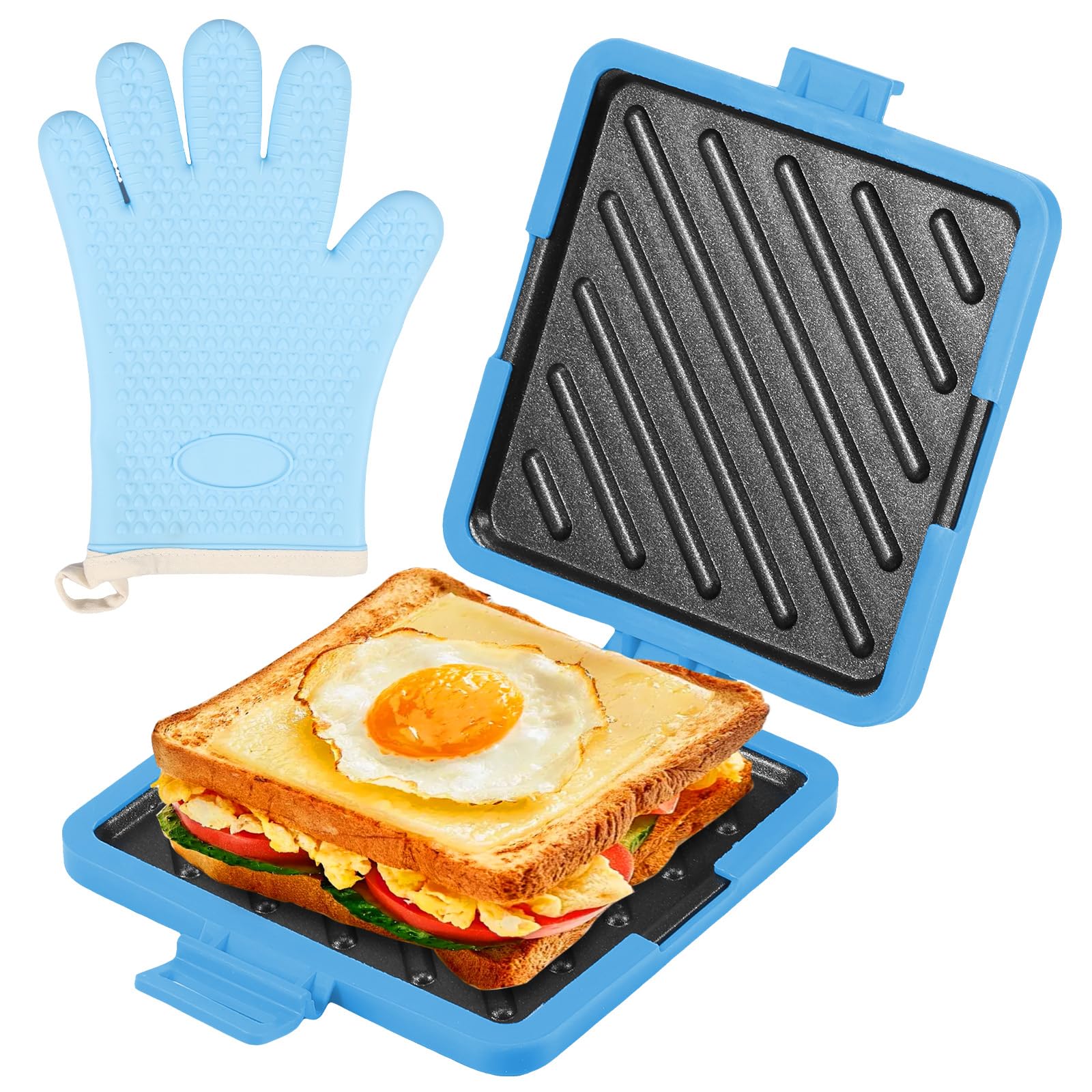 Microwave Toastie Maker Silicone Microwave Toastie Sandwich Maker Wireless Toastie Makers, Heatwave Technology Nonstick Plate Microwaveable Cookware for Cooking Crispy Sandwiches (Blue with Gloves)