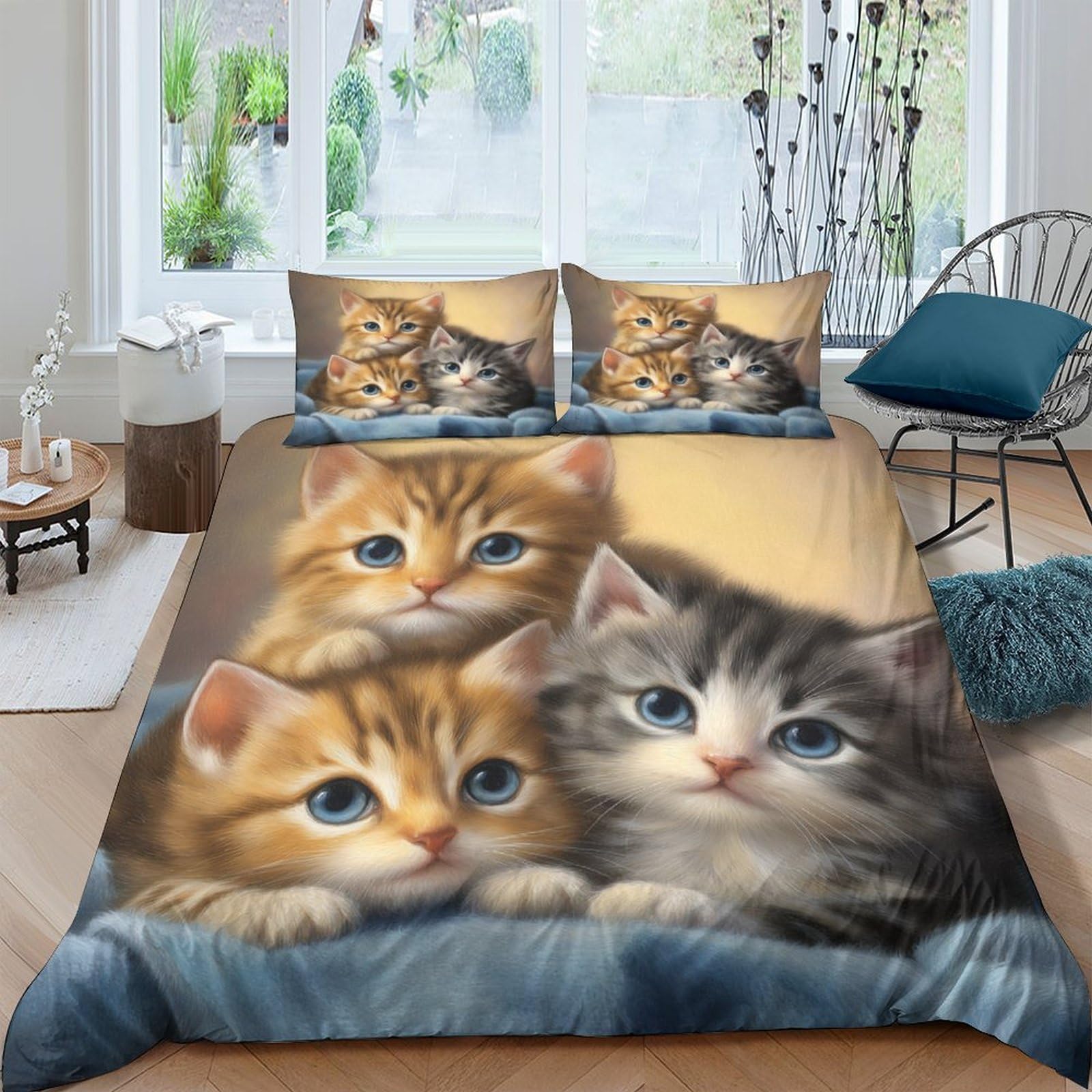 Nettes Kätzchens 3-teiliges Reines Polyester Digitale Malerei Stil Bettbezug, Versteckter Reißverschluss, Krippenbettwäsche, Babysicher & Pflegeleicht King（220x240cm）