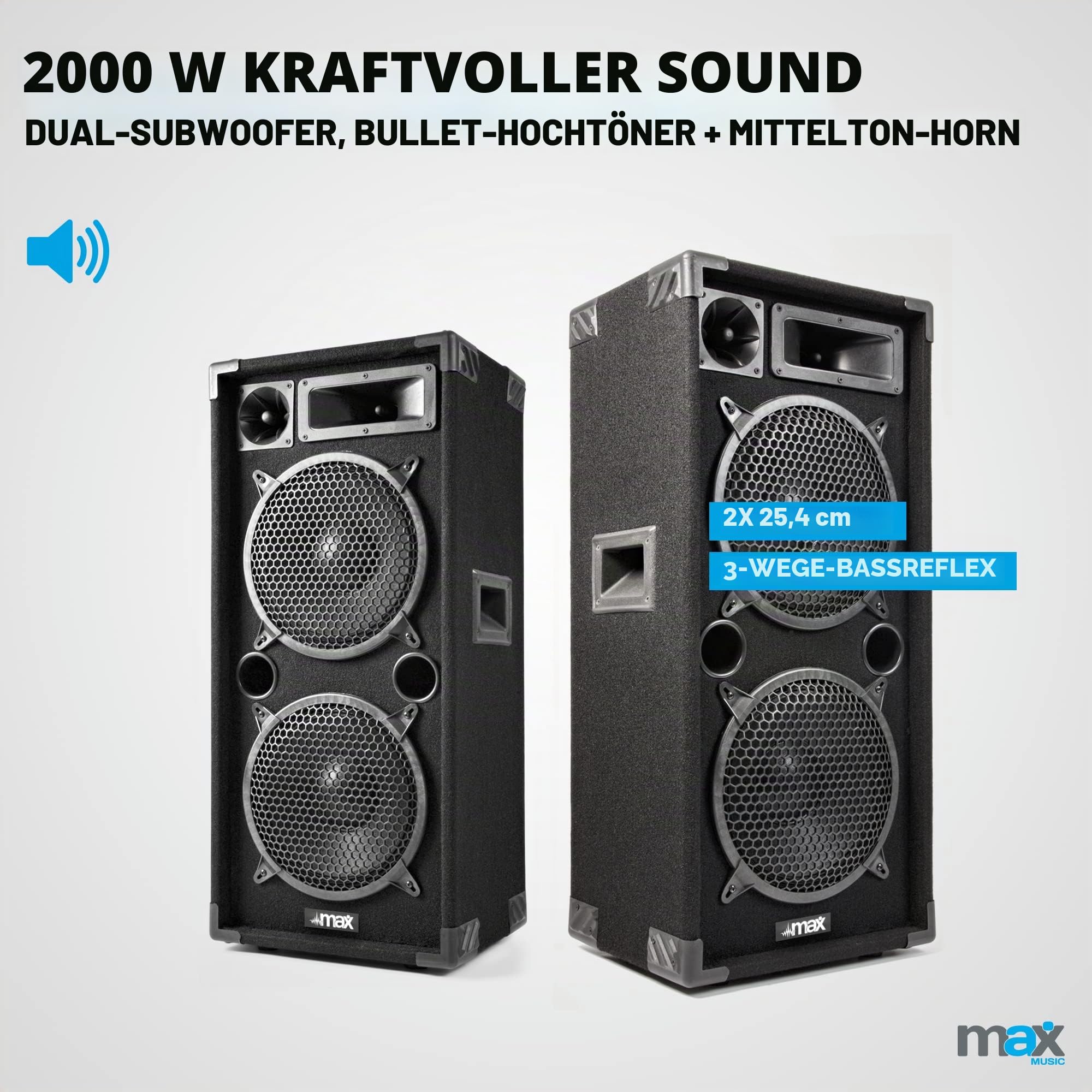MAX MAX210 PA Lautsprecher passiv, Partylautsprecher Set, 2000 Watt Partyboxen - Griffe, 2 x 10 Zoll Doppel-Tieftöner, DJ Party Lautsprecher, Lautsprecherbox, Schwarz